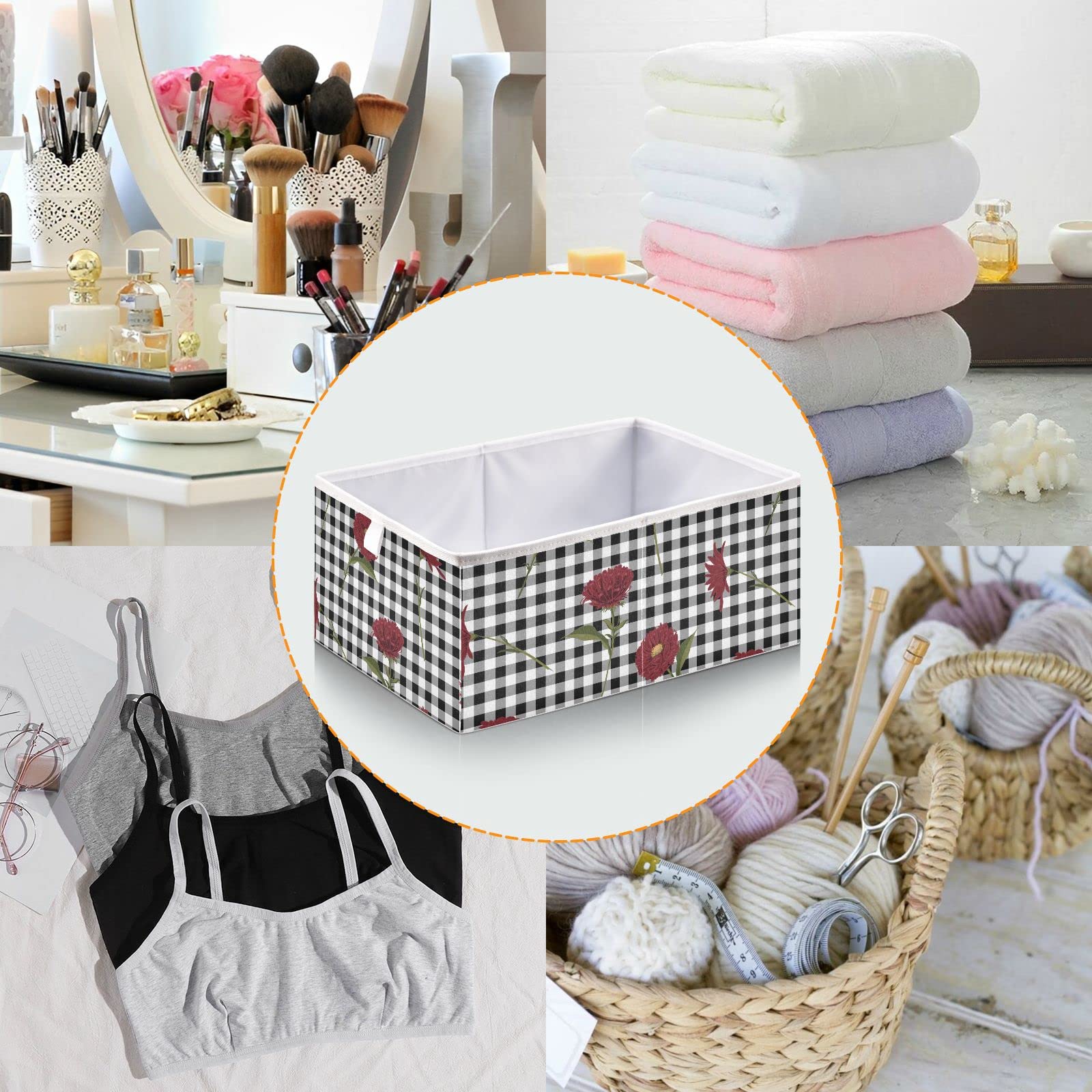 Floral Red Black White Plaid Foldable Collapsible Storage Baskets - 16 x 11 Inch Organizer Bins for Shelves, Closet, Pantry & Nursery | Perfect for Toys, Home Organization & Space Saving