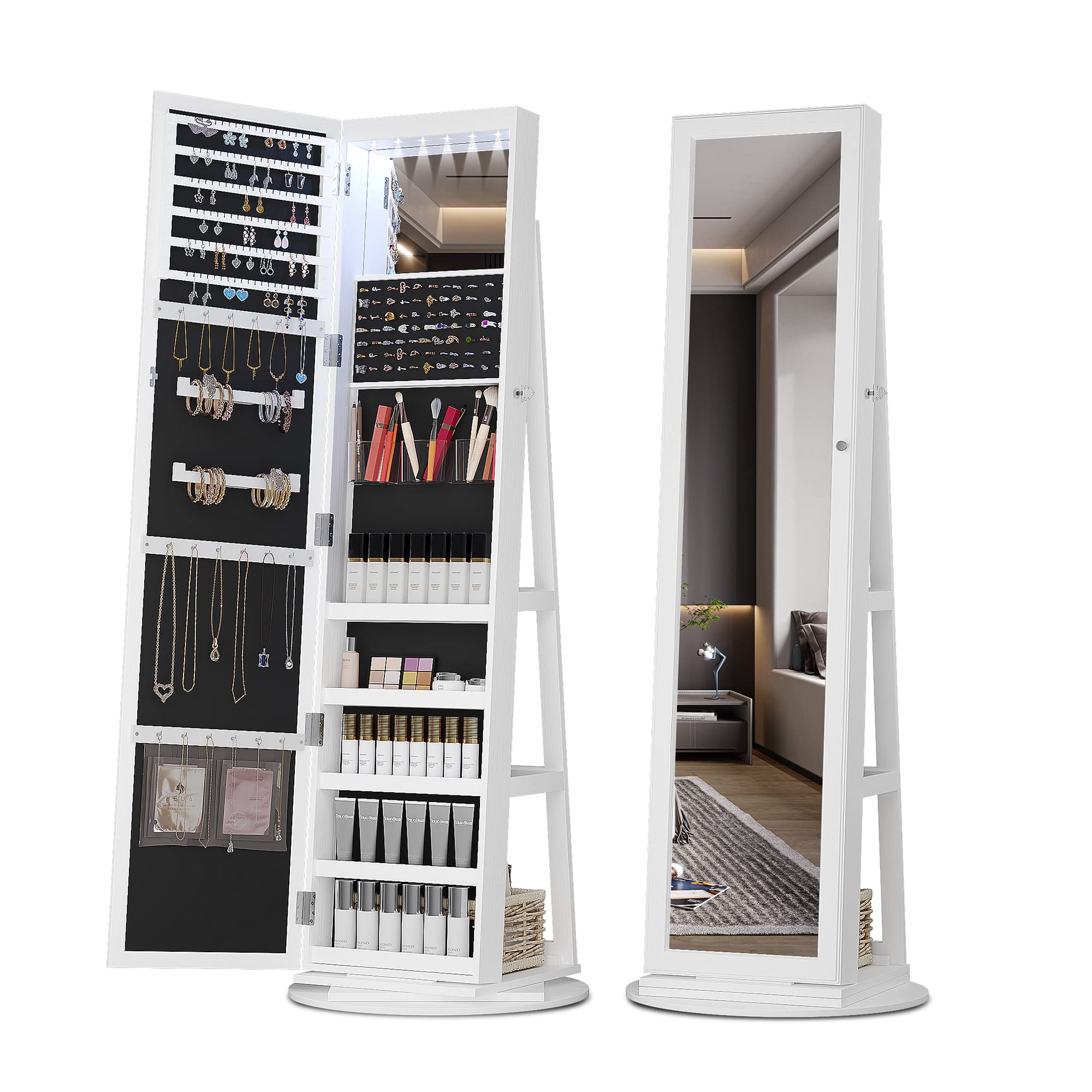 360° Rotating Jewelry Armoire with Full-Length Mirror & 6 LED Lights - Large Capacity Lockable Jewelry Organizer with Storage Shelves - Perfect for Bedroom, Cloakroom & Dressing Room Organization