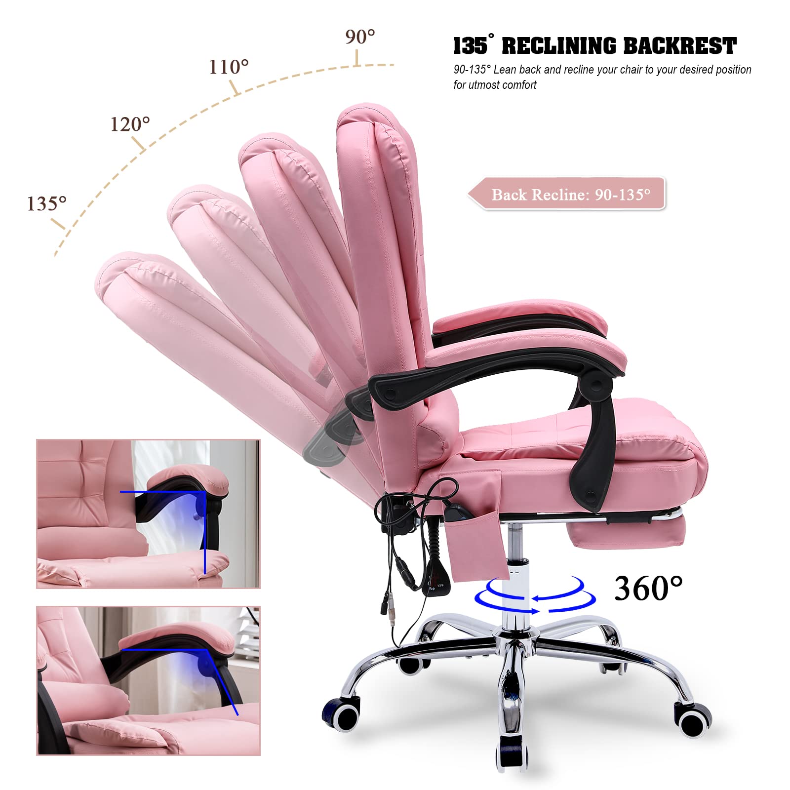 Ergonomic Reclining Office Chair with Massage & Heat - PU Leather Executive Computer Chair with Footrest, Padded Armrest & High Back Support - Swivel Recliner for Home Office, Study & Gaming (Pink) - Perfect for Long Work Hours, Relaxation & Productivity