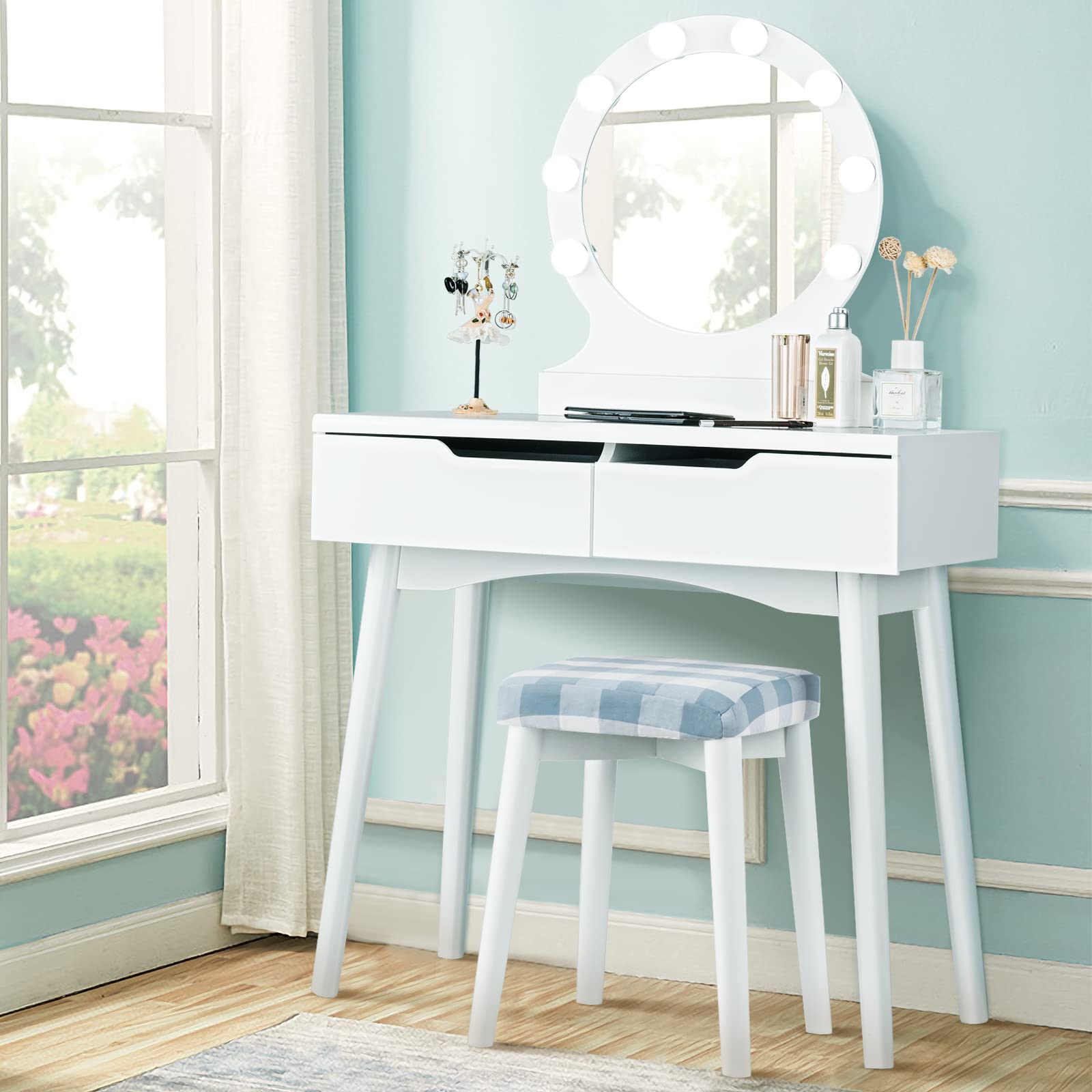 Giantex White Vanity Set with Round Lighted Mirror - Adjustable Brightness Makeup Dressing Table with 8 LED Bulbs, Cushioned Stool & 2 Sliding Drawers | Perfect for Bedroom, Dorm Room & Bridal Makeup Station