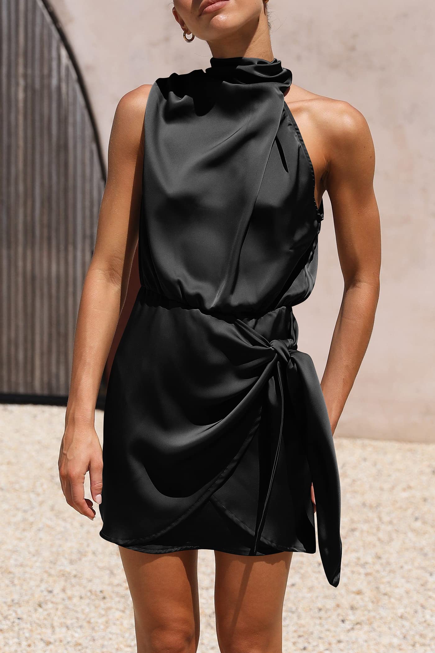 PRETTYGARDEN Women's Elegant Satin Cocktail Dress - Short Sleeveless Formal Dress with Mock Neck & Tie Waist for Summer Parties, Weddings, Night Out | Perfect for Cocktail Events, Date Nights & Special Occasions