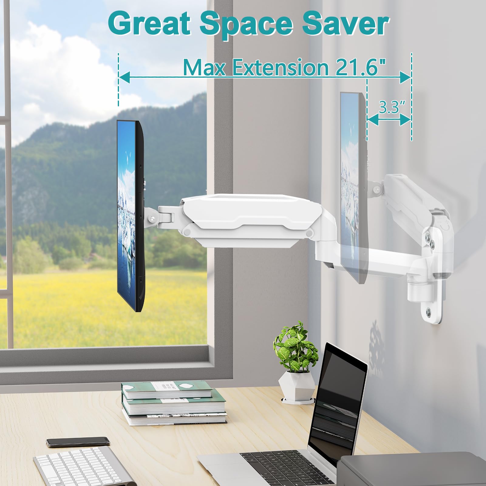 MOUNT PRO Single Monitor Wall Mount Bracket for 13-32 Inch Screens - Gas Spring Monitor Arm with 17.6lbs Capacity - Full Motion Adjustable VESA Mount (75x75/100x100) - White - Perfect for Home Office, Gaming Setup & Workspace Ergonomics