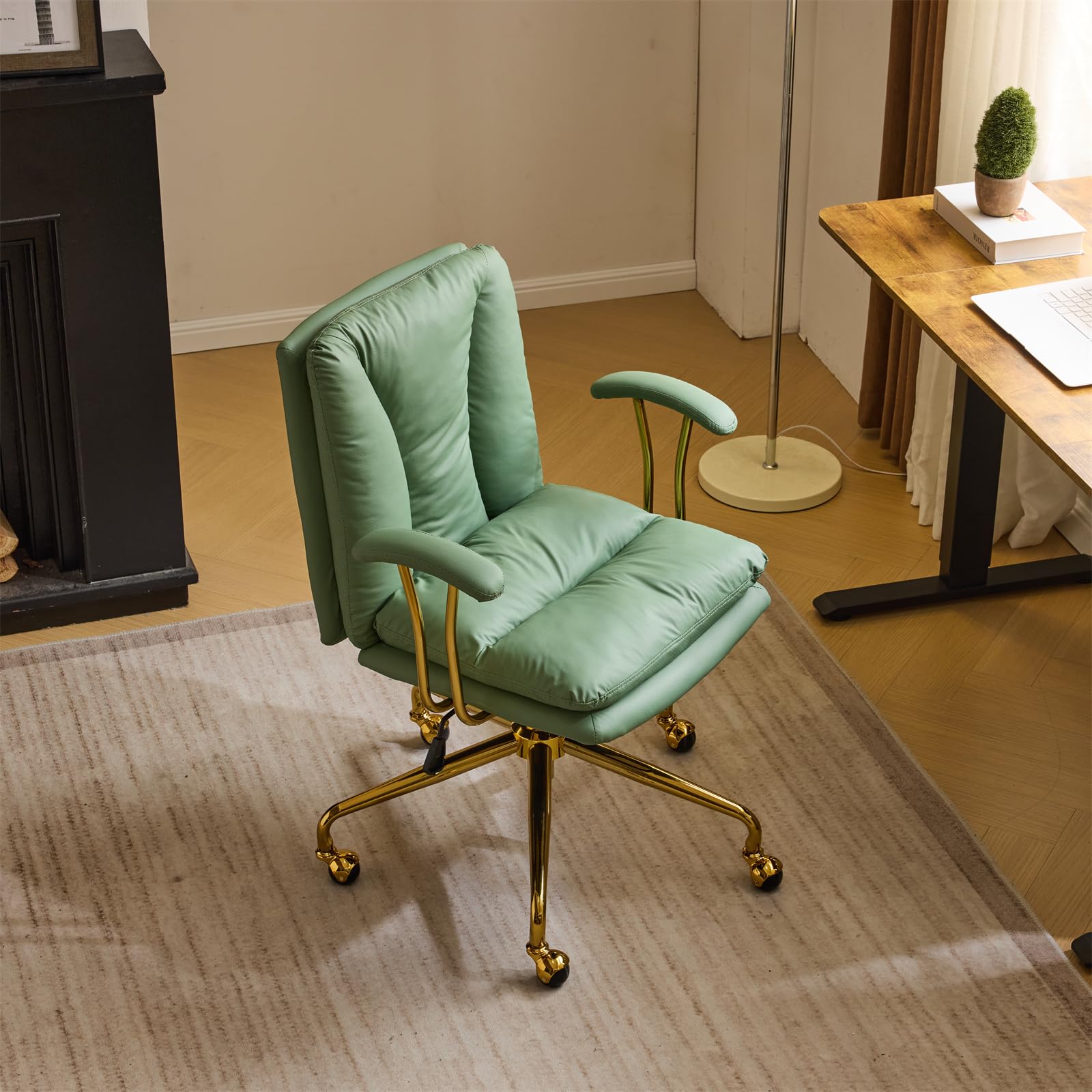 VINGLI Ergonomic Home Office Chair with Wheels & Adjustable Height - Removable Armrests, Swivel Rolling Task Chair for Study, Makeup, Office - Gold Base, Green PU Leather (Cat Scratch Resistant) - Perfect for Small Spaces & Long Work Hours