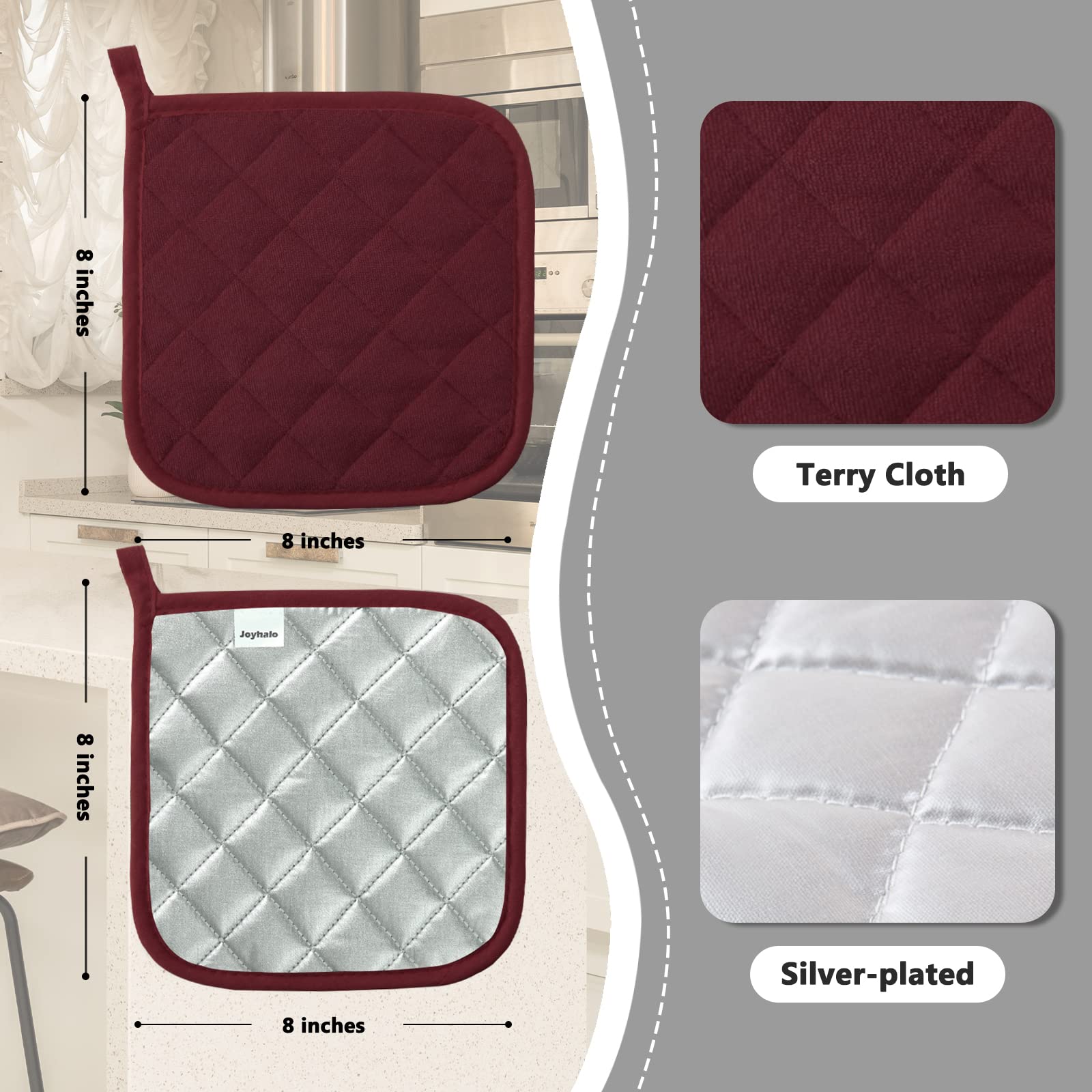 Joyhalo 6 Pack Heat Resistant Kitchen Pot Holders - Terry Cloth Oven Mitts for Cooking, Baking & Grilling - Perfect for Hot Pans, Baking Trays & BBQ Use