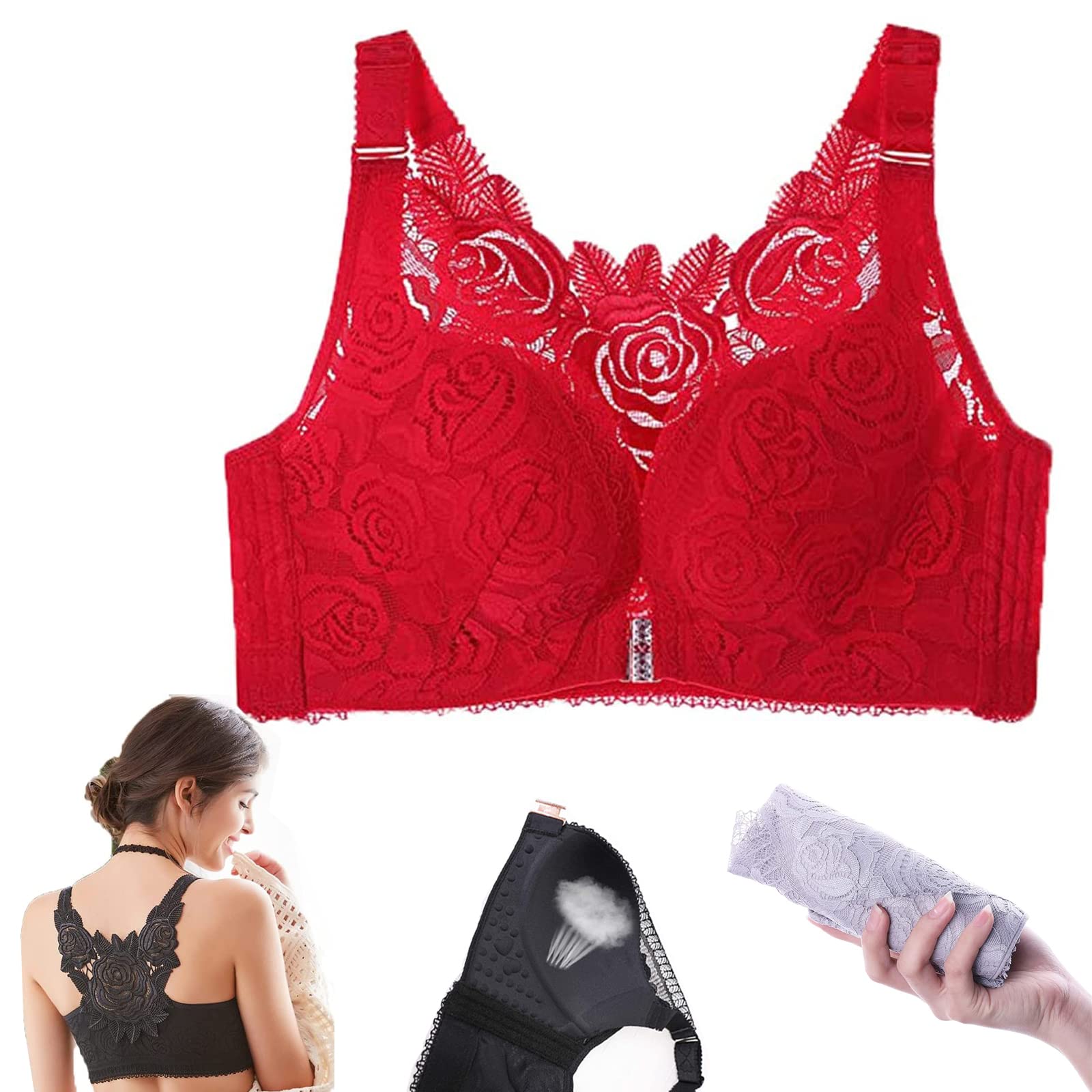 FitMe Rose Embroidery Wireless Front Closure Bra - Floral Lace Comfort Bra for Women Plus Size - Supportive Lift & No Wire Design - Perfect for Daily Wear, Yoga & Special Occasions