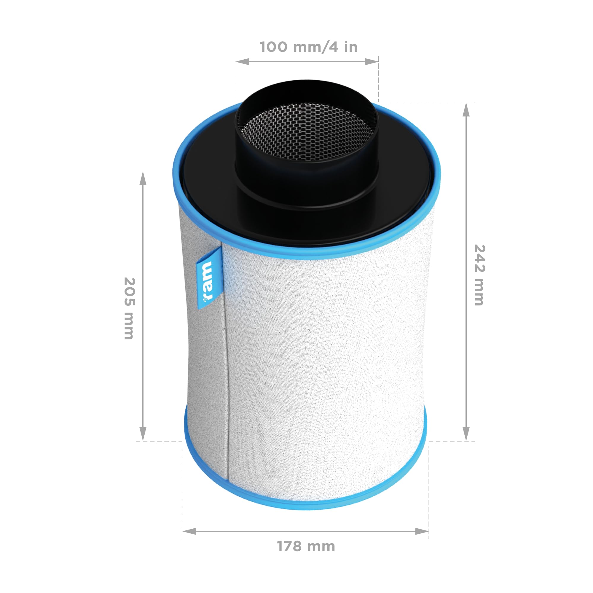 RAM 08-350-150 Aktivkohlefilter 100/200, 4 Zoll, 170 m³/hr - Ideal für Luftreinigung in Werkstätten und Industrie