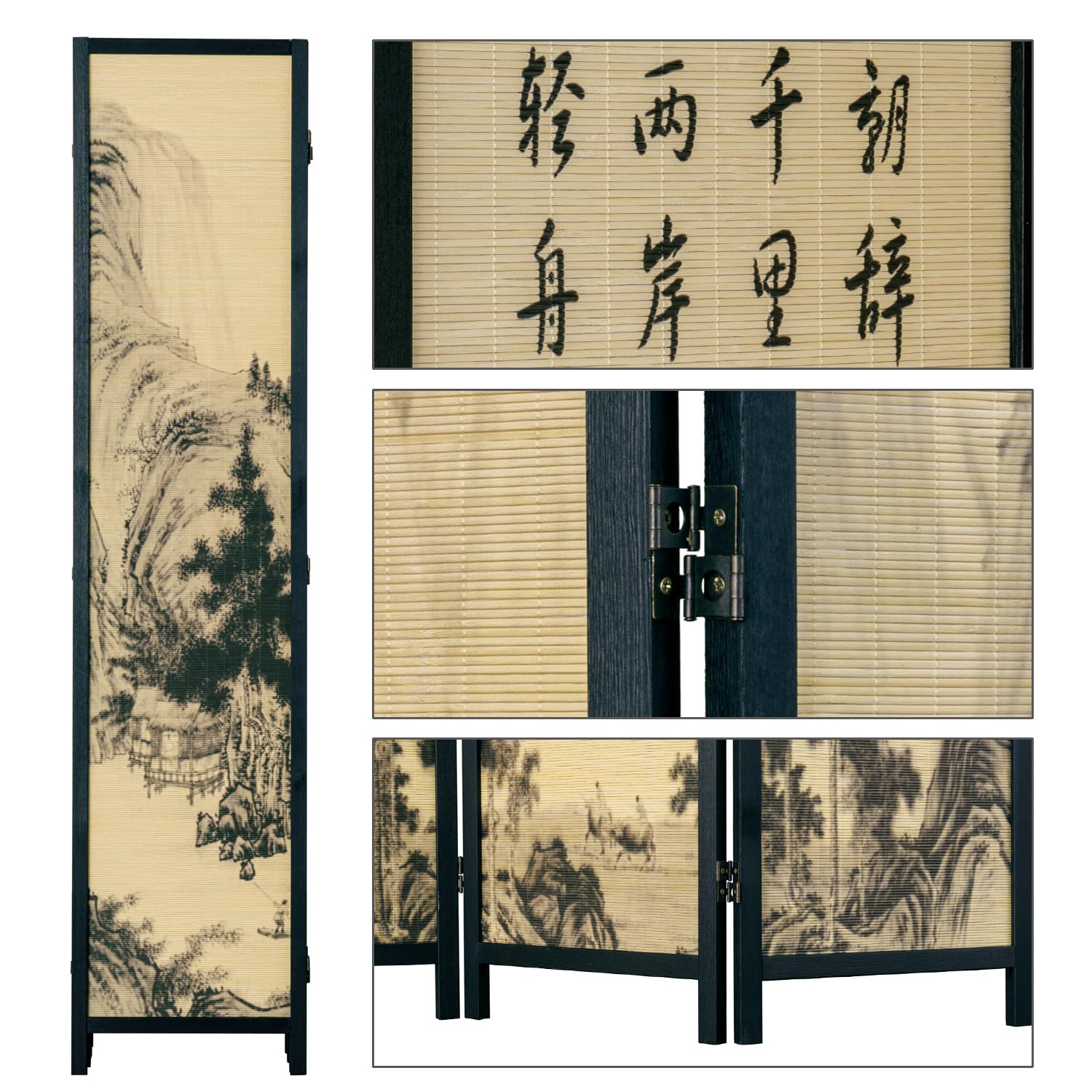 MyGift 6-Panel Bamboo Room Divider with Chinese Calligraphy & Floral Design - Freestanding Folding Screen for Home Office, Bedroom Partition & Asian Decor - Black Wood Frame