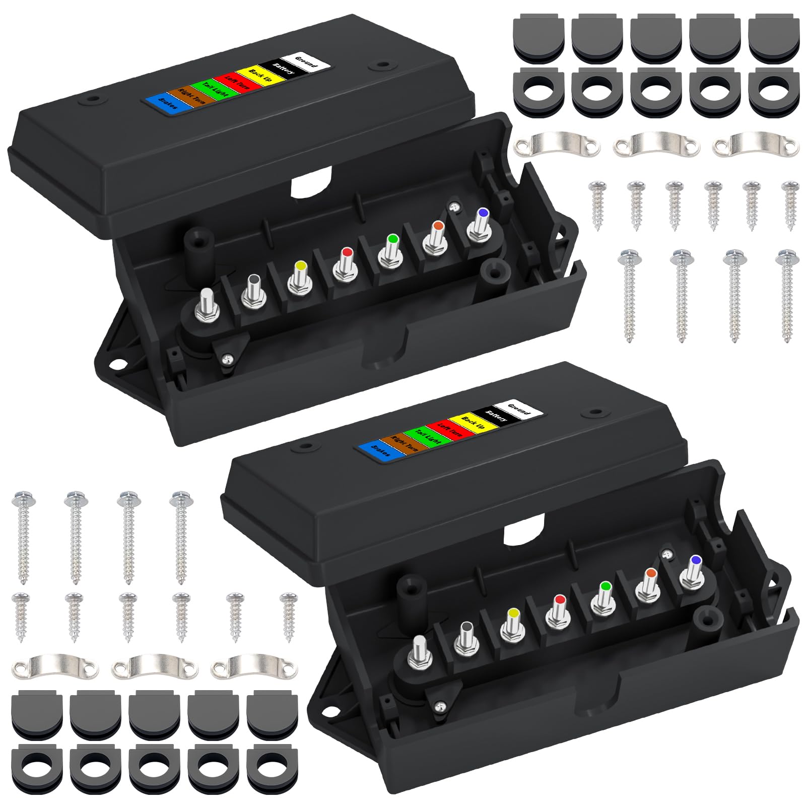 CheeMuii 2 Pack Weatherproof 7-Way Trailer Junction Box with 7 Color-Coded Wires - Heavy Duty RV Camper Trailer Wiring Kit for Easy Light Rewiring & Electrical Connections - Perfect for RV, Boat, and Utility Trailer Maintenance