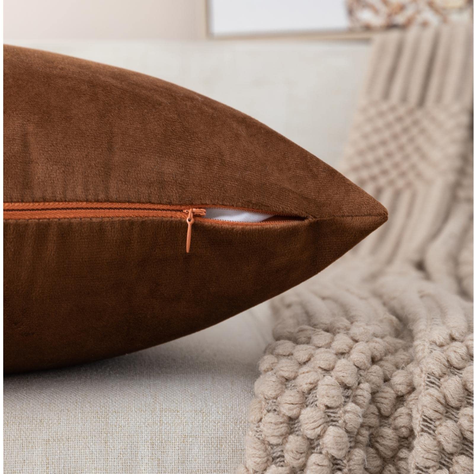 ZLINA Set of 2 Velvet Decorative Throw Pillow Covers - Brown & White Patchwork with Gold Leather Accents, 20×20 Inch Square Cushion Covers for Sofa, Bed, Living Room, Bedroom & Car Decor (Home & Office Style)
