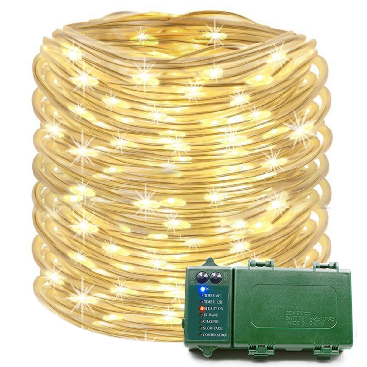 KOMOON 39 Ft 120 LED Battery Operated Waterproof Rope String Lights - Warm White Fairy Lights for Christmas, Wedding, Party, Patio, Garden & Yard Decor - Indoor & Outdoor Holiday Decoration