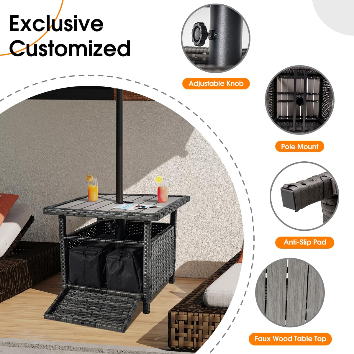 Heavy Duty Sundale Outdoor Umbrella Stand with 2 Weight Bags - 22 Inch All-Weather Wicker Side Table with Umbrella Hole - Sturdy Rattan Base for Patio, Deck, Yard, Poolside & Porch (Charcoal Gray) | Perfect for Outdoor Entertaining & Relaxation