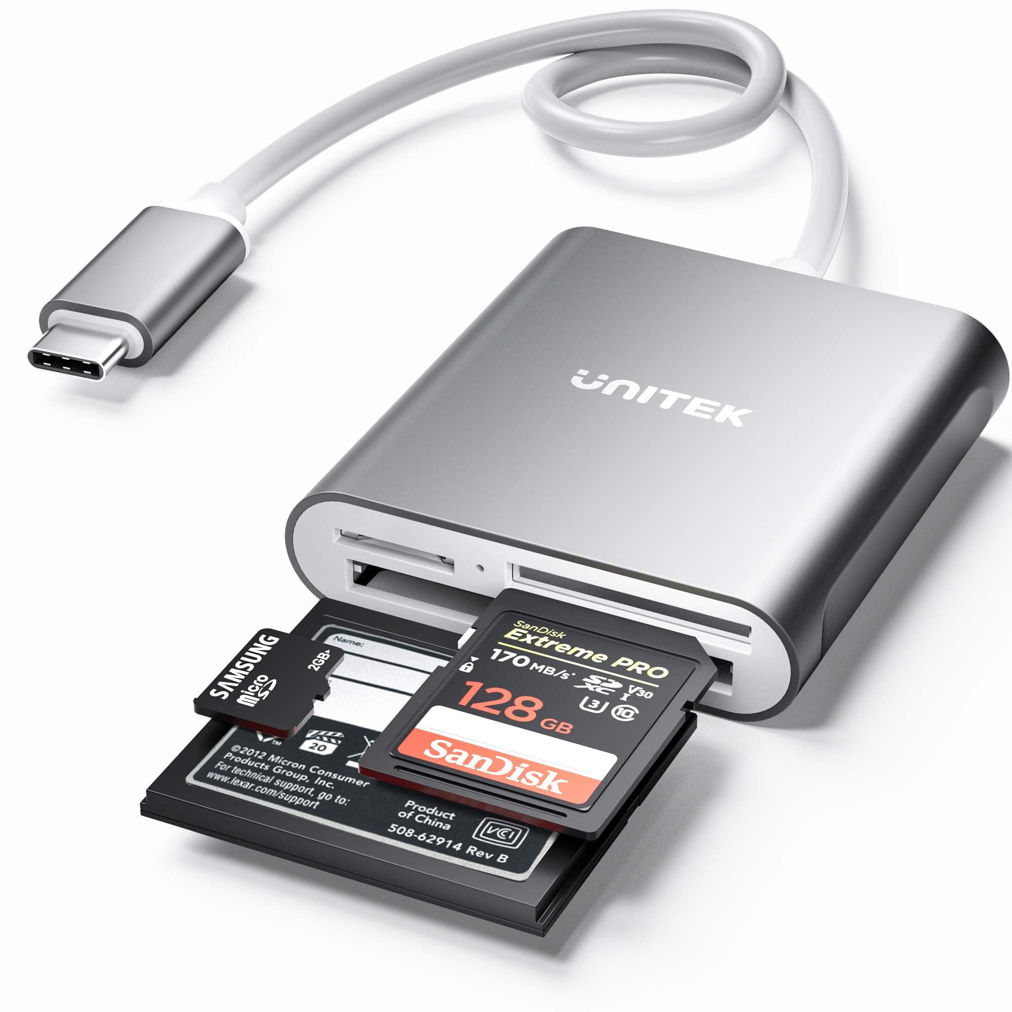 Unitek USB C SD Card Reader - Aluminum 3-Slot USB 3.0 Type-C Flash Memory Card Adapter for MacBook Pro, iPad Pro, Windows Laptops | Supports SD, Micro SD, CF Cards | Compact Design for Travel & Photography (Grey)
