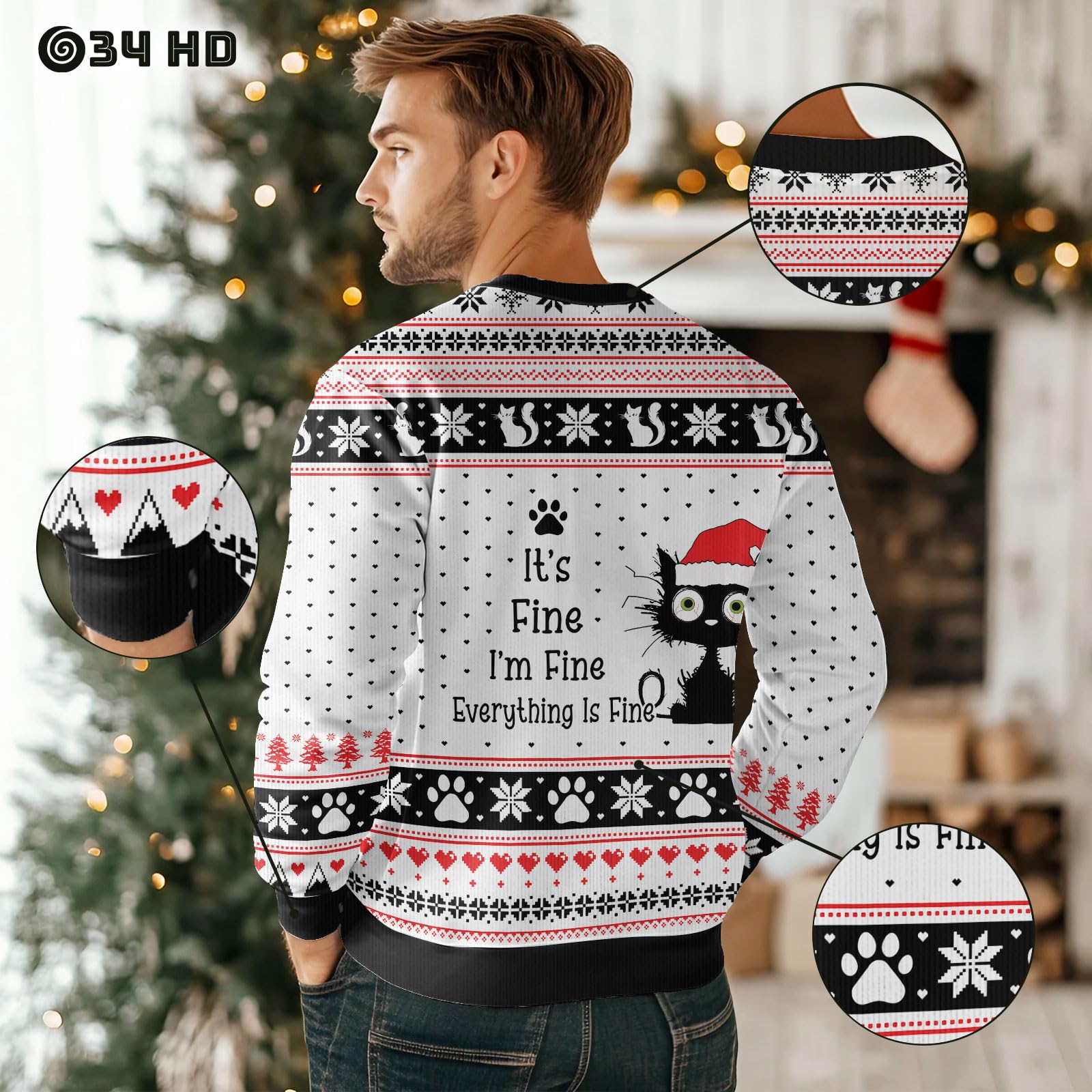 34HD Women's Cat Print Ugly Christmas Sweater - Long Sleeve Crewneck Cat Lover Gift for Holiday Parties & Festive Gatherings