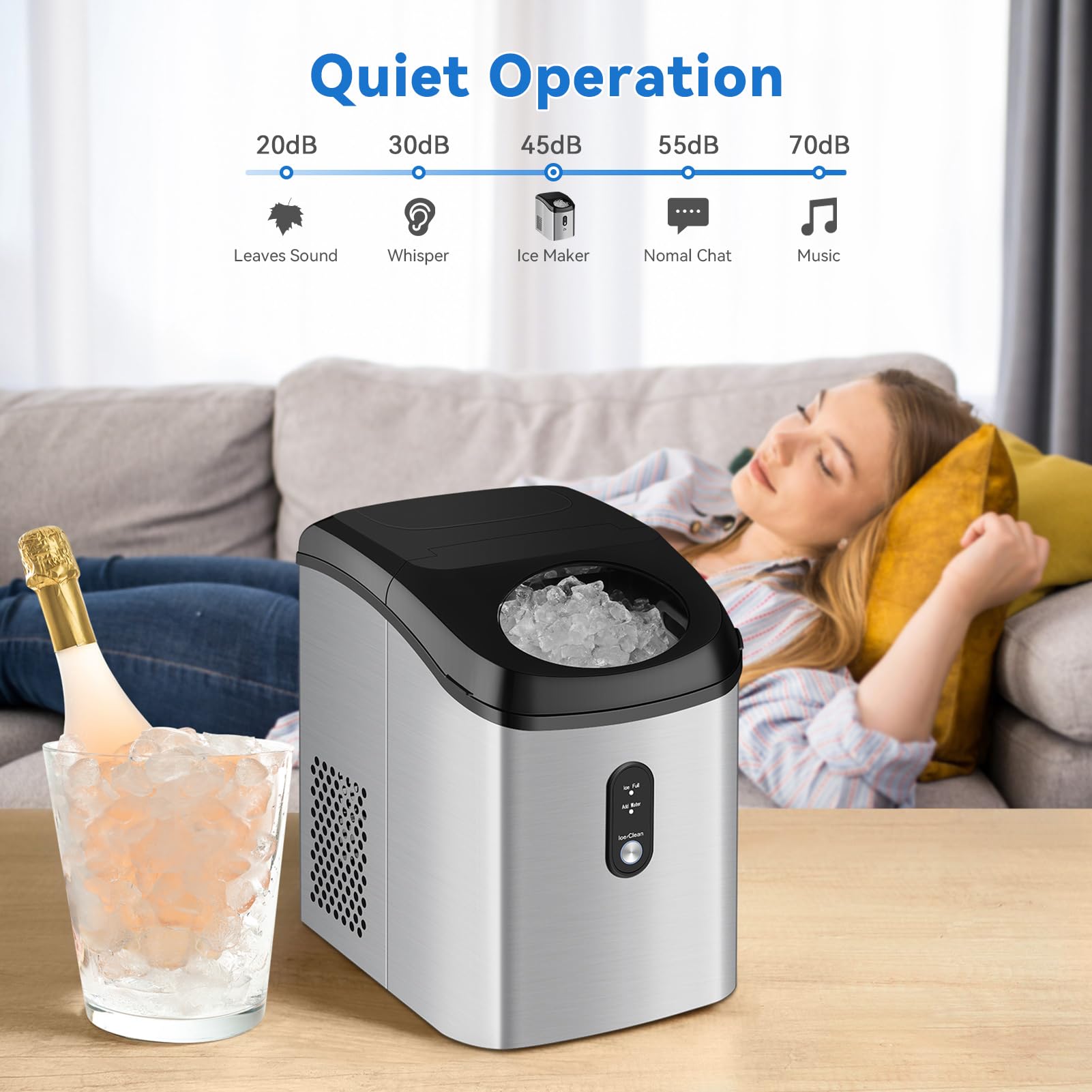 Garvee Compact Nugget Ice Maker - 33 lbs/Day Countertop Pellet Ice Machine with Soft Chewy Ice, Scoop & Basket - Fast 6-Minute Ice Making, One-Click Operation, Quiet Home Use - Perfect for Cocktails, Sodas, and Home Entertaining
