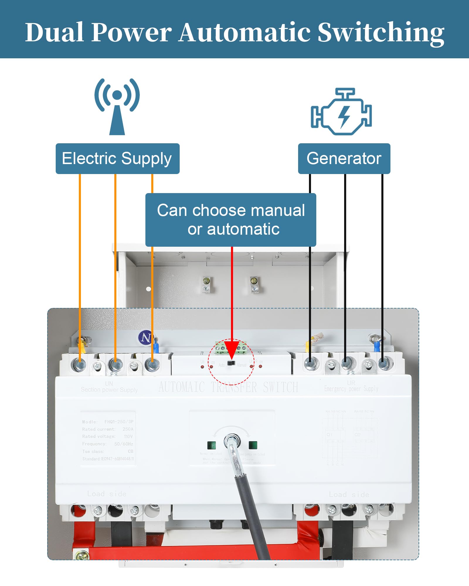 200 Amp 3P Dual Power Automatic Transfer Switch - 120/240V Heavy Duty Safety Switch with NEMA-3R Enclosure for Indoor/Outdoor Use - Perfect for Home Backup Power & Emergency Generator Systems
