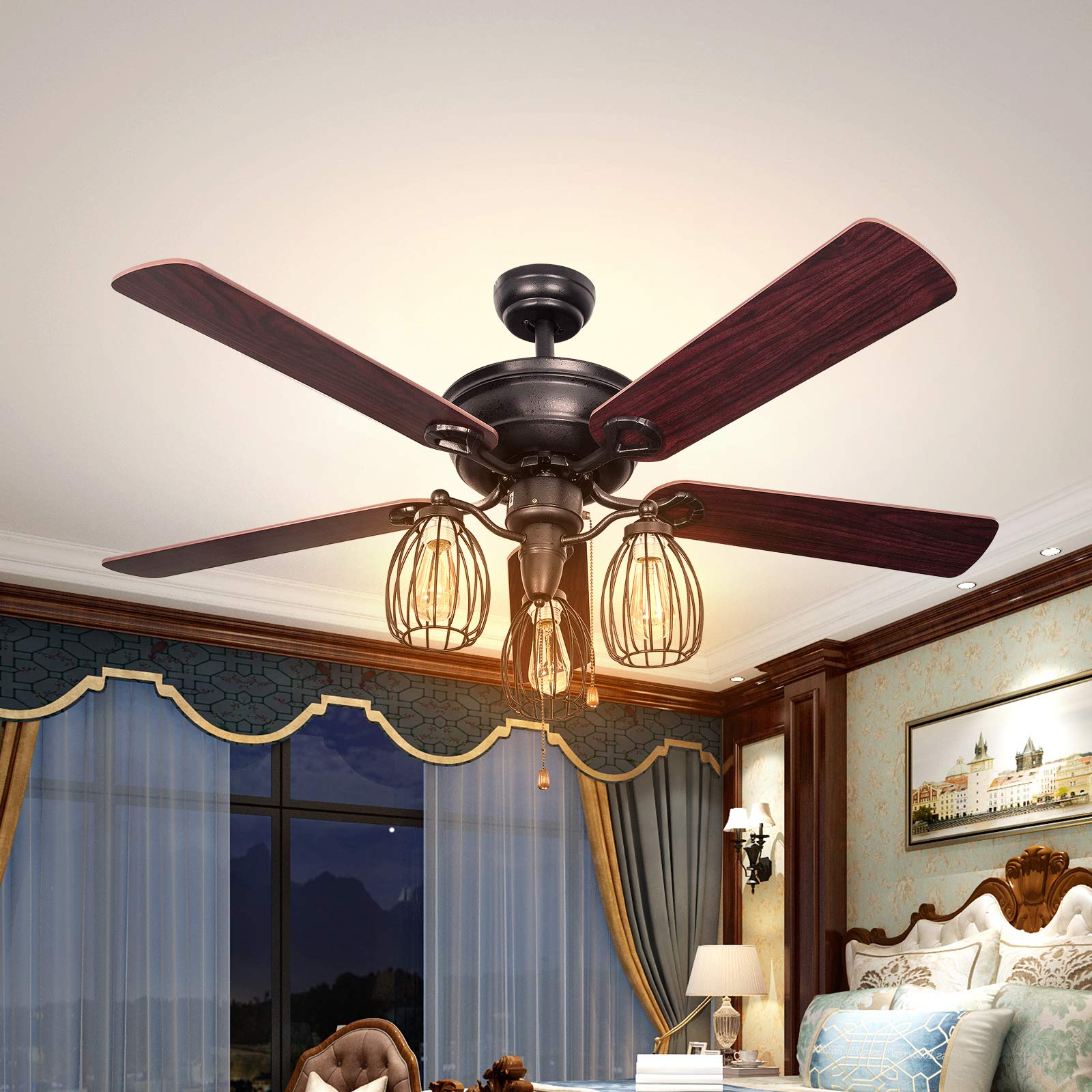 Tangkula 52-Inch Industrial Ceiling Fan with 5 Iron Blades & 3 Cage Lights - Quiet Reversible Motor, 3-Speed Pull Chain Control - Farmhouse Style for Living Room, Bedroom, Kitchen, or Outdoor Patio