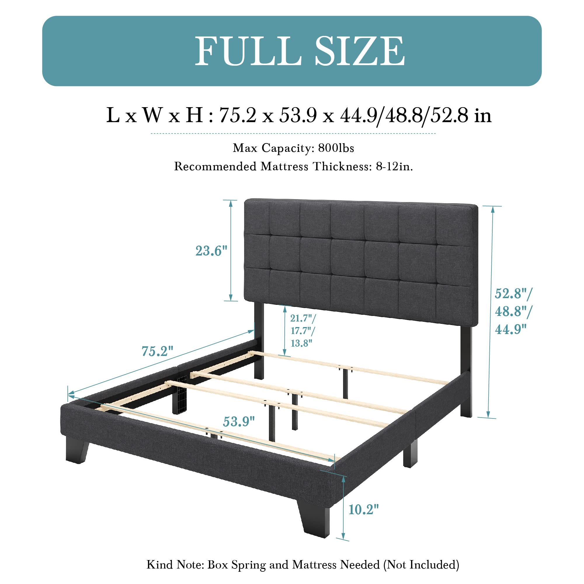 HOOMIC Full Size Upholstered Panel Bed Frame with Adjustable Headboard - No Box Spring Needed, Easy Assembly, Grey Fabric Upholstery - Perfect for Master Bedroom, Guest Room & Small Space Living