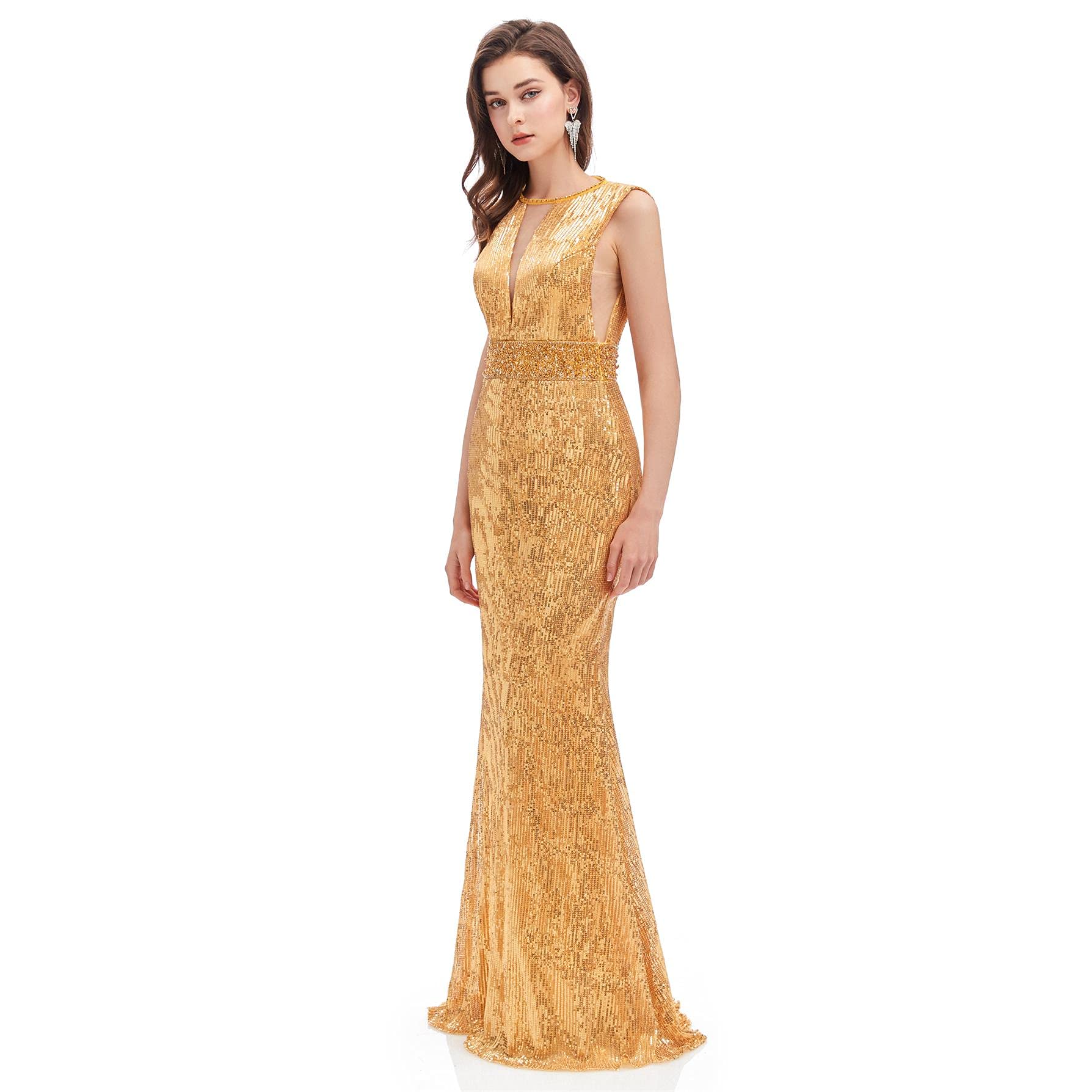 FCOMES Women's Sparkly Sequin Mermaid Evening Gown for Formal Party, Homecoming, Prom & Celebrity Events - Sleeveless Long Backless Dress for Special Occasions