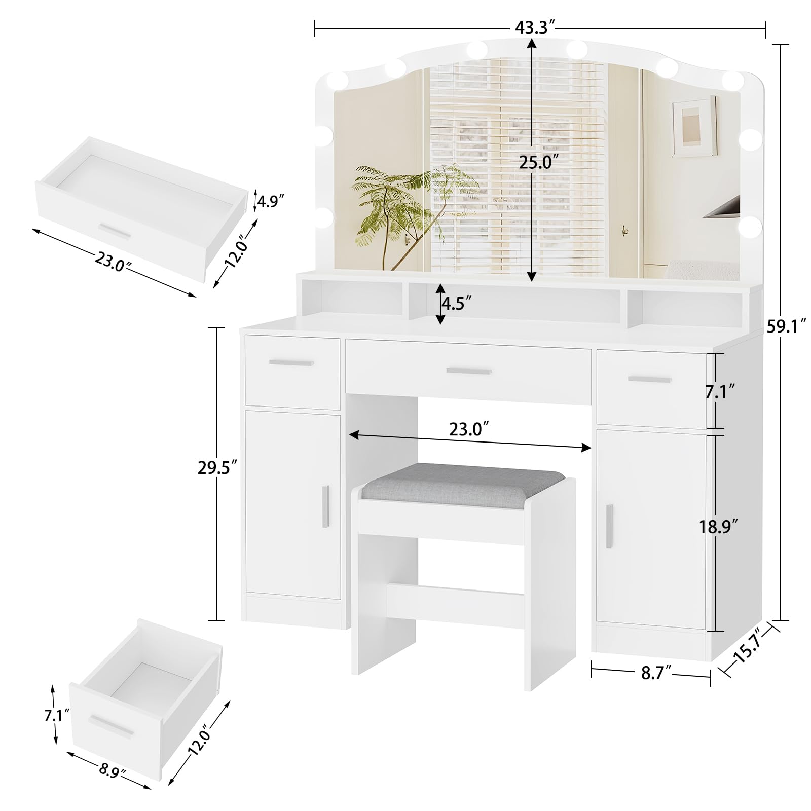 USIKEY White Makeup Vanity with Lights - 10 LED Dressing Table with 3 Drawers, 2 Cabinets & Storage Shelf, Includes Stool - Perfect for Women & Girls Bedroom, Beauty Salon or Dressing Room