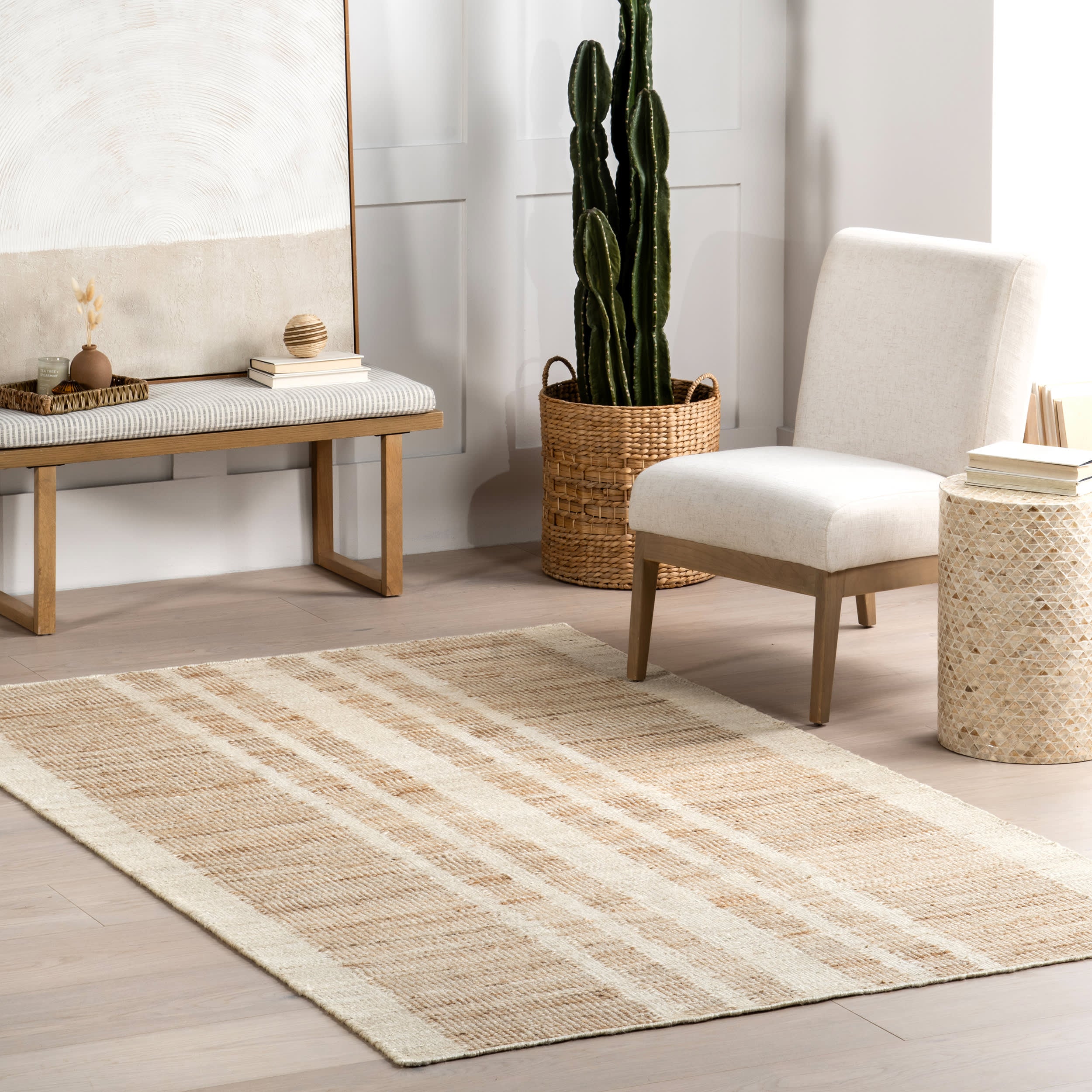 Dora Striped Jute Rug - Natural Handwoven Eco-Friendly Area Rug for Living Room, Bedroom, or Nursery Decor