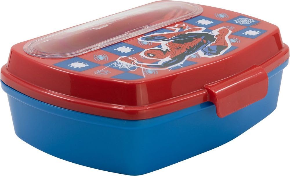 Marvel Spider-Man Kids Plastic Lunch Box with Spoon and Fork | Bento Sandwich Container for School, Picnic & Travel | Official Licensed Spiderman Merchandise