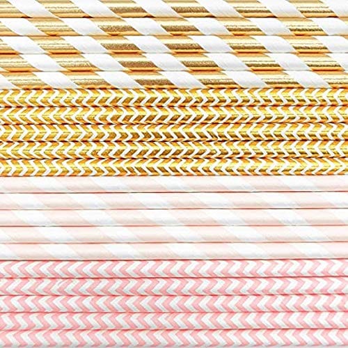 Eco-Friendly Biodegradable Paper Straws - 100 Pack (Pink/Gold) for Parties, Weddings, Baby Showers & Holiday Decorations - Perfect for Birthday Celebrations, Bridal Events & Sustainable Drinking Solutions