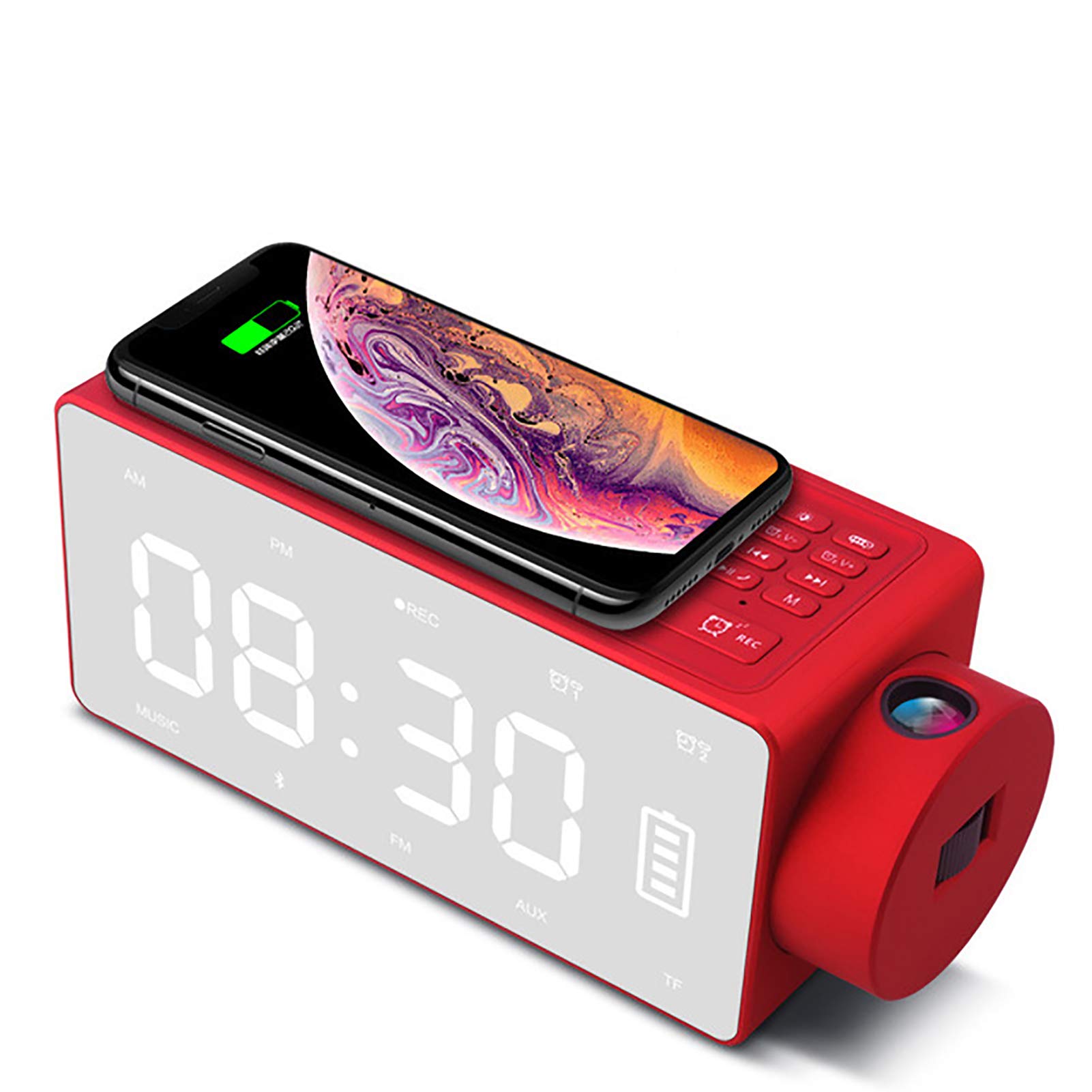 Gaone Digital LED Alarm Clock with Wireless Charging & Bluetooth Speaker - FM Radio, Snooze Function, Mirror Surface, Projection Display - Perfect for Bedroom, Office, and Travel Use