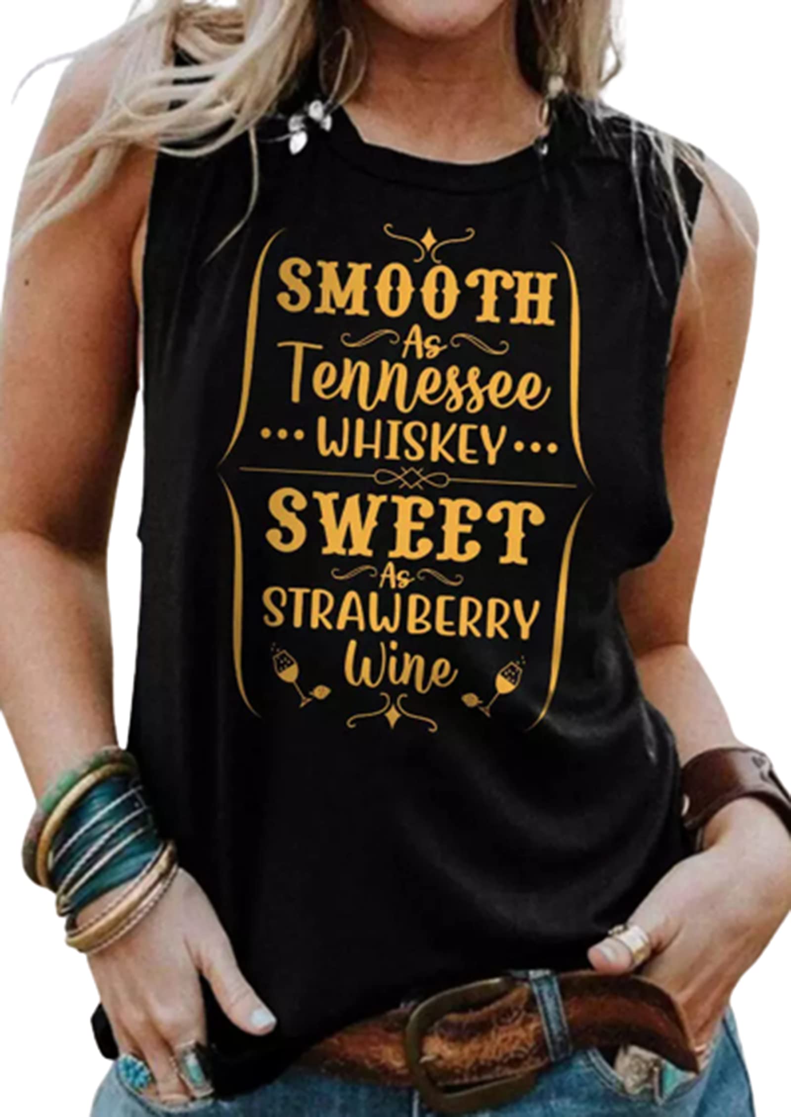 Women's Smooth Tennessee Whiskey & Sweet Strawberry Wine Graphic Tank Tops - Casual Sleeveless Shirt for Summer, Bar Hopping, Music Festivals & Outdoor Activities