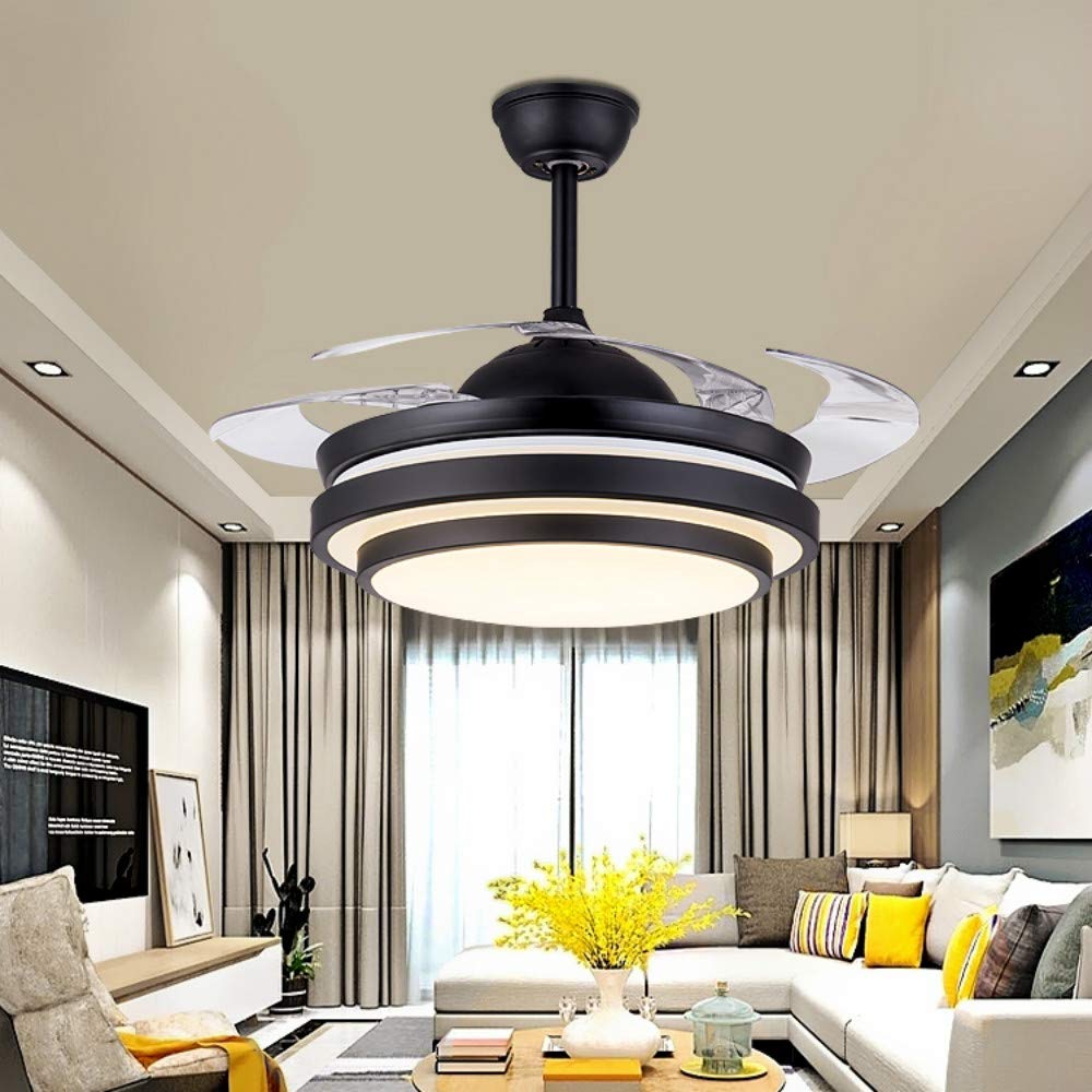 42 Inch Retractable Ceiling Fan with LED Light and Remote Control - 4 Clear ABS Blades - Modern Chandelier Style for Living Room, Dining Room & Bedroom - Energy Efficient Indoor Ceiling Fan Light Combo (Black) - Perfect for Home Cooling and Stylish Lighting