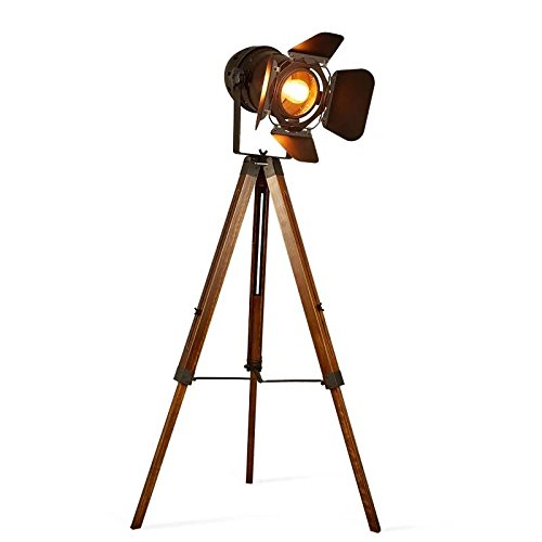 Decoluce Vintage Tripod Floor Lamp - Nautical Theater Retro Spotlight with Wooden Base | Industrial Decor Lighting for Living Room, Bedroom & Office | Cinema Movie Prop Light Fixture (Bulb Not Included)