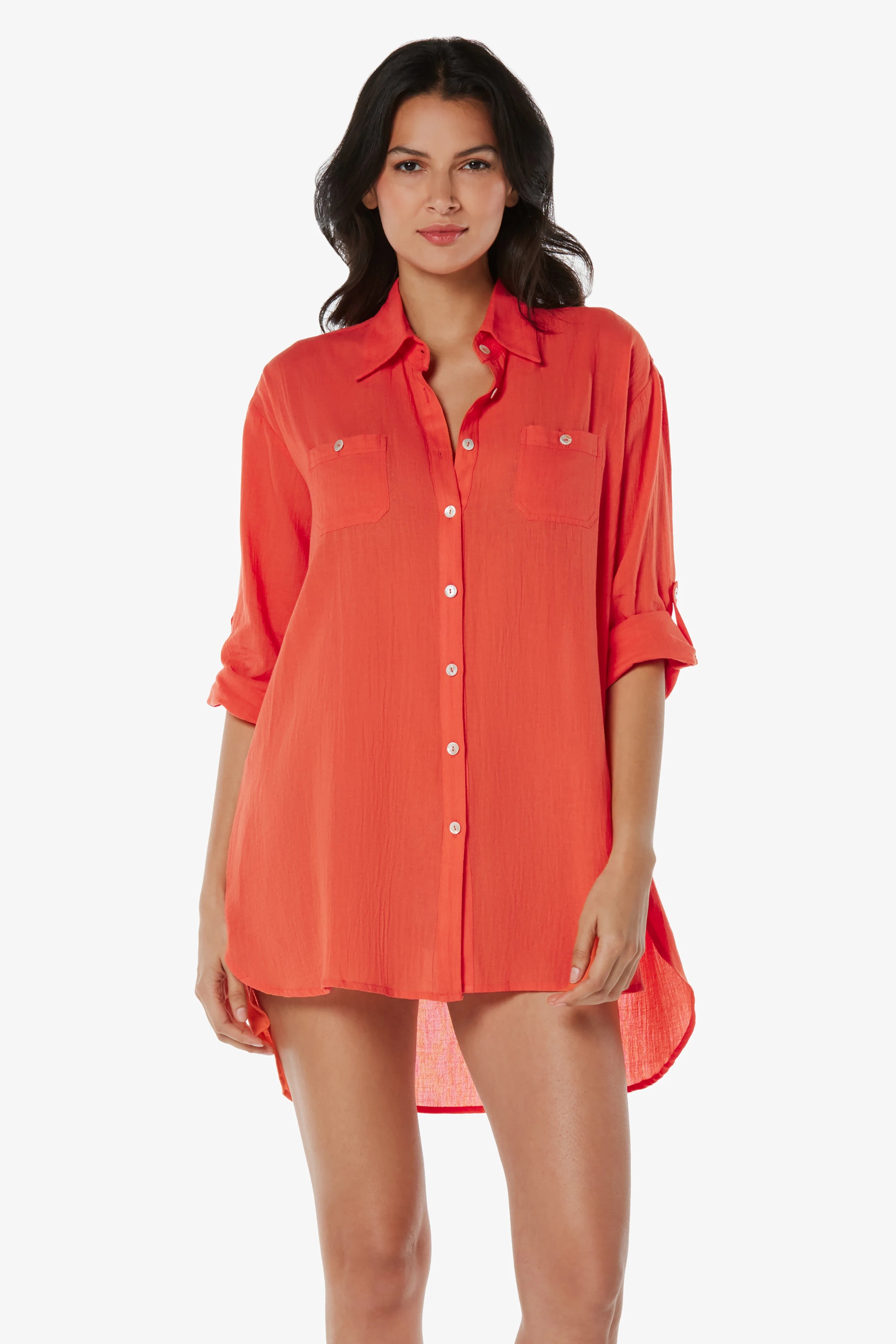 Lightweight Camp Shirt Cover Up for Women - Coral Beachwear for Summer Vacations & Poolside Relaxation