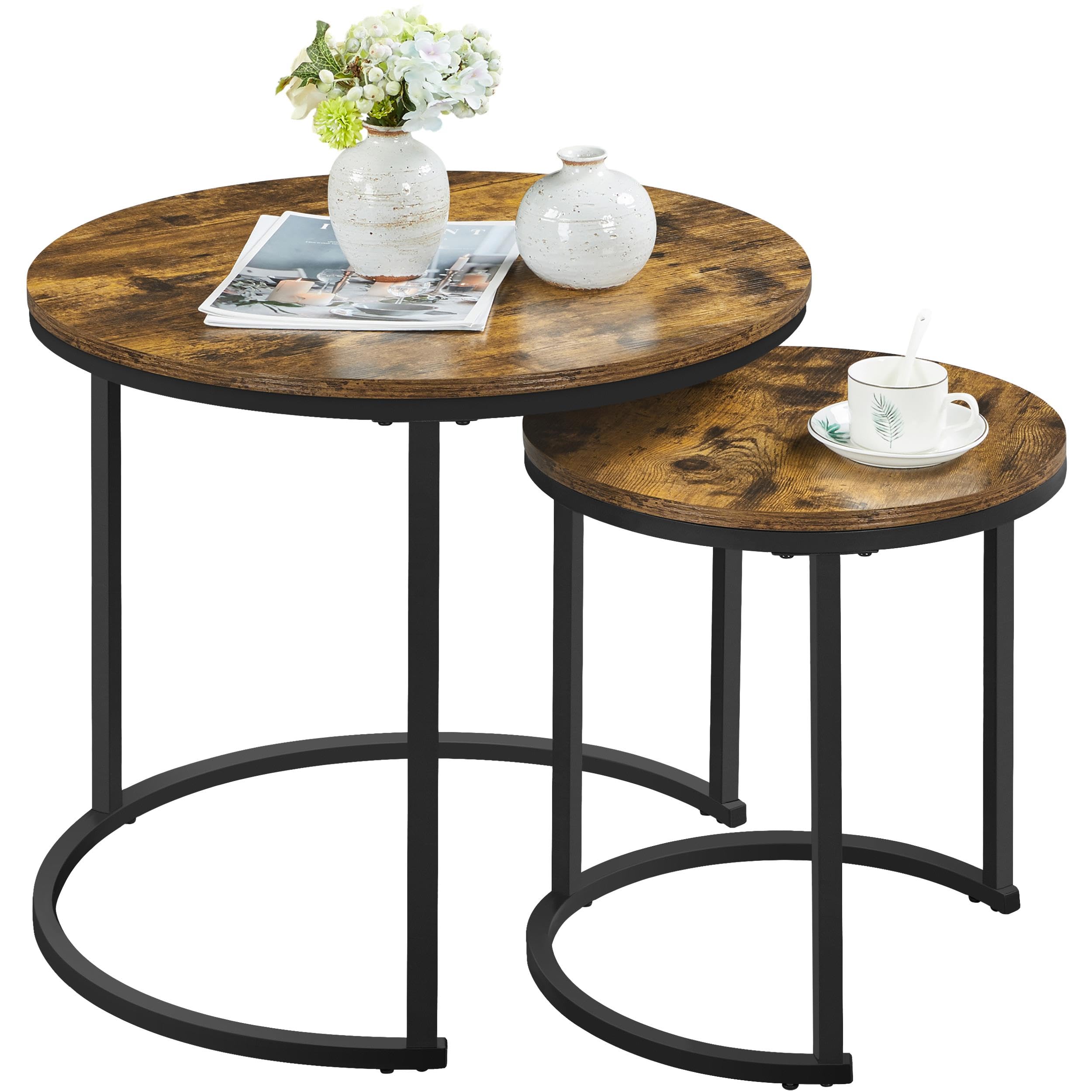 Yaheetech 2-Piece Round Nesting Coffee Table Set - Rustic Brown Wooden Tabletop with Sturdy Metal Frame - Stackable End Tables for Living Room, Bedroom, or Office - Perfect for Small Spaces and Home Decor