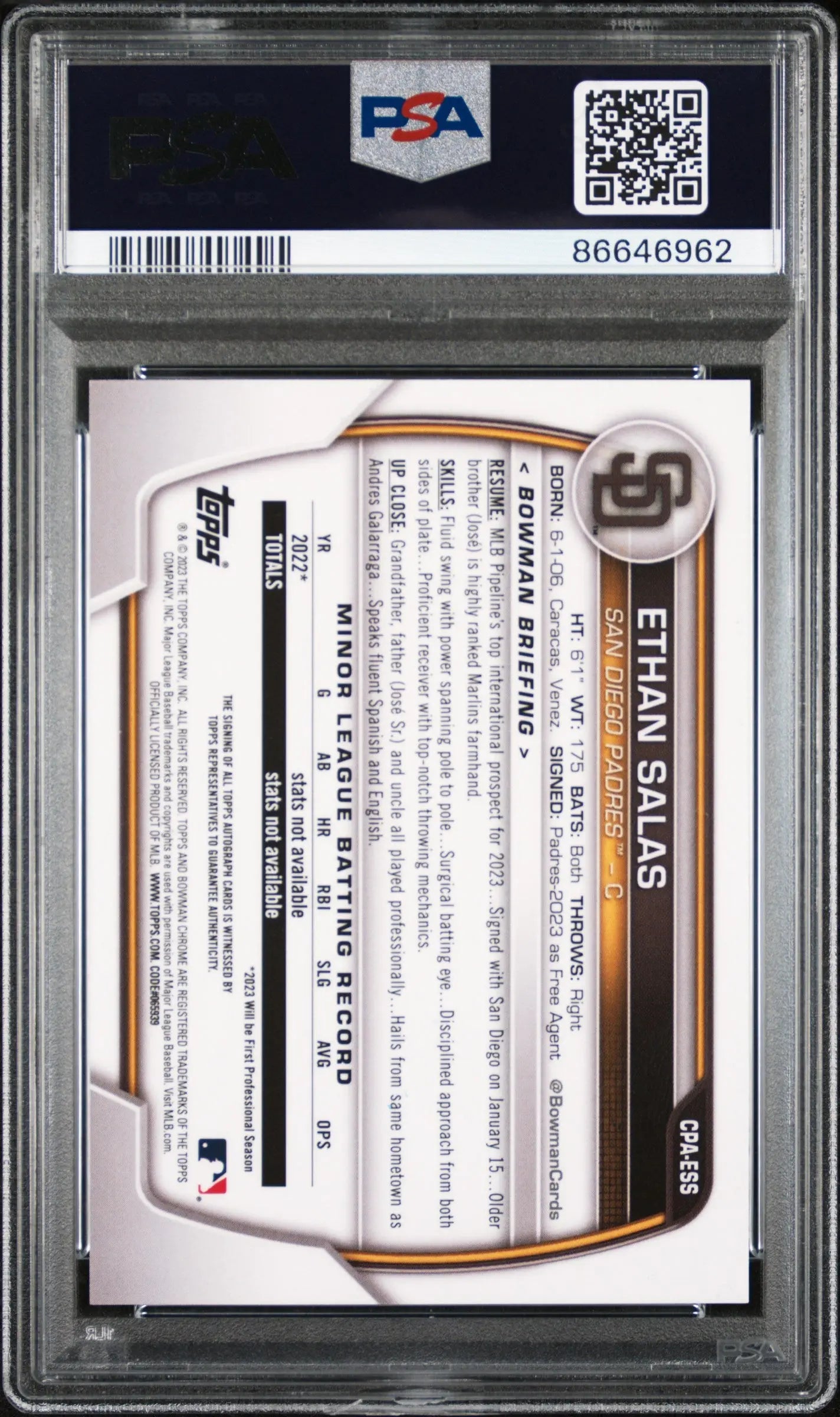 2023 Bowman Chrome 1st Edition Purple Refractor Ethan Salas Autograph Rookie Card PSA 9 /250 - Perfect for Baseball Card Collectors and Investors