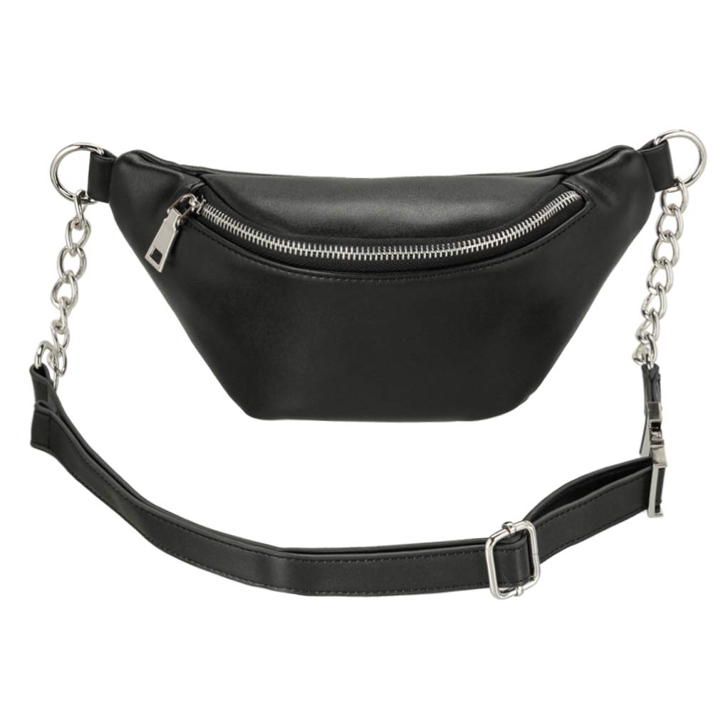 Stylish Leather Fanny Pack for Women - Adjustable Waist Bag, Crossbody Purse with Metallic Chain - Perfect for Travel, Running & Daily Use - Black