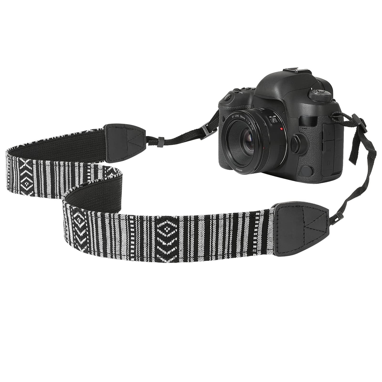 MoKo Retro Cotton Canvas Camera Strap - Universal Adjustable DSLR/SLR Neck Strap for Canon Sony Nikon Cameras - Thin Lightweight Shoulder Sling for Adults & Kids (Black & White) - Perfect for Travel, Photography & Everyday Use