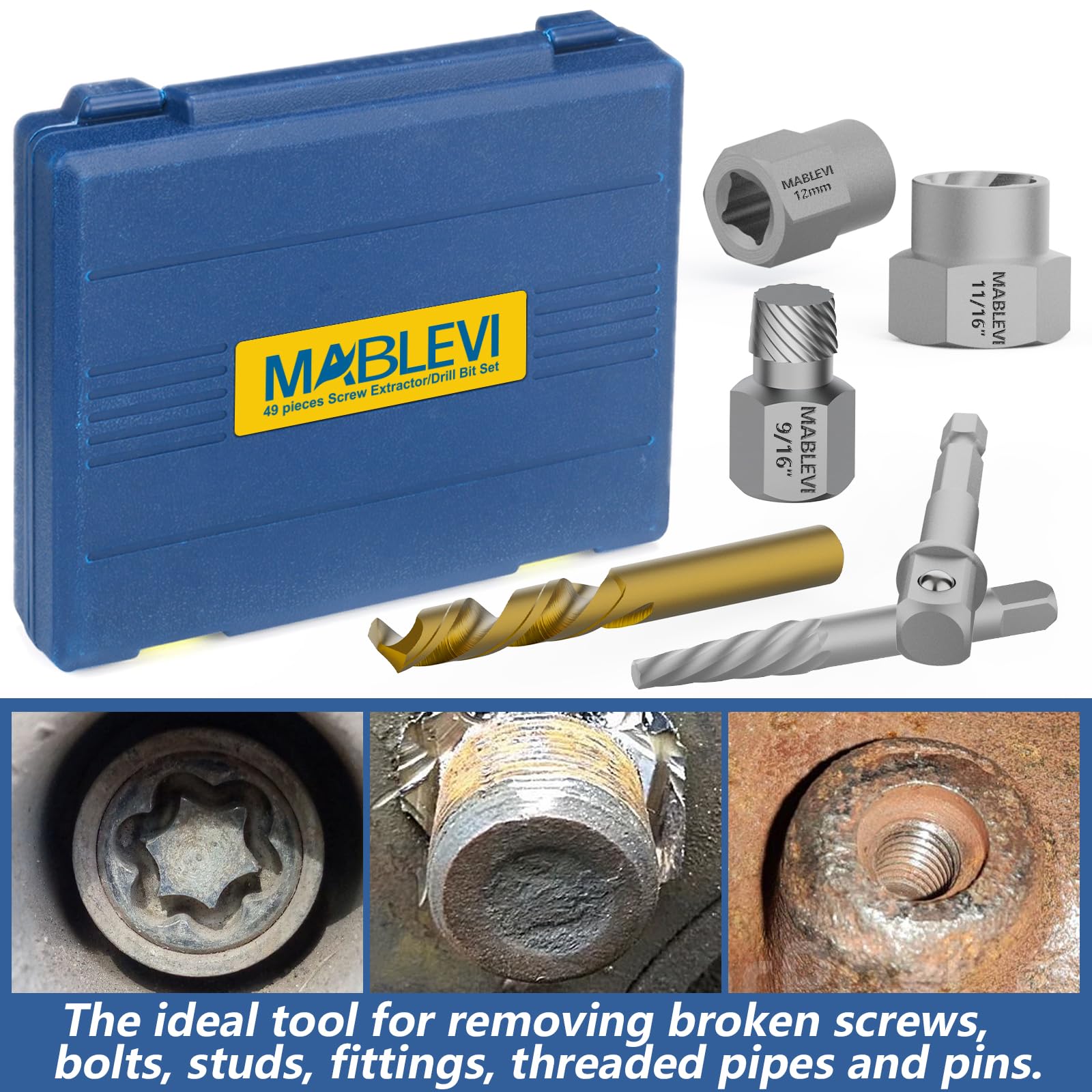 MABLEVI 49 Pcs Screw Extractor Bolt Extractor Set - Left Hand Drill Bit & Multi-Spline Stripped Bolt Remover for Broken, Rusted Nuts, Bolts, Screws - Ideal for Automotive, Machinery, and DIY Repairs