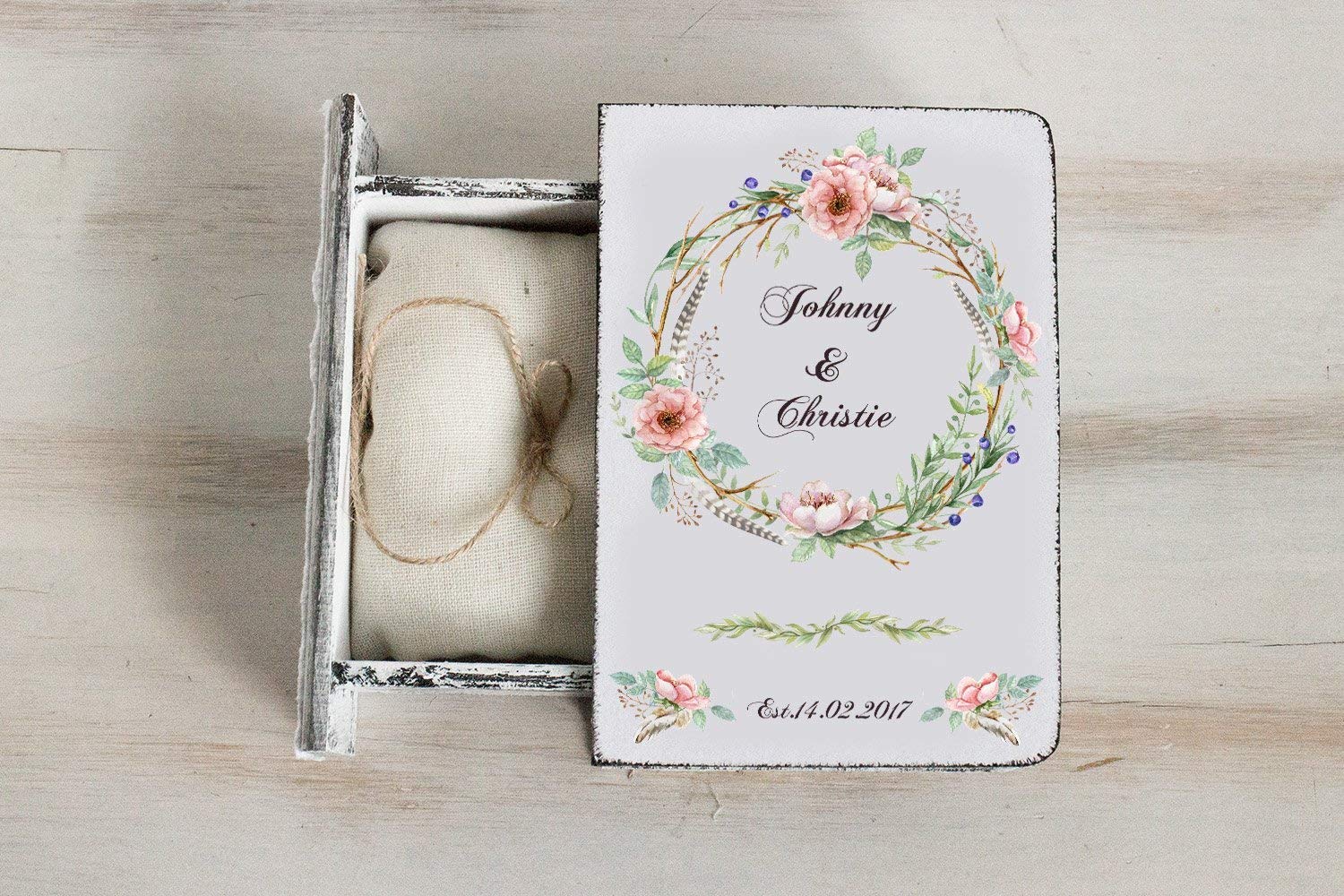 Personalized Ivory Wedding Ring Box with Floral Wreath Design - Elegant Ring Bearer Box for Spring Weddings & Engagements - Perfect for Ceremonies, Proposals & Gift Giving