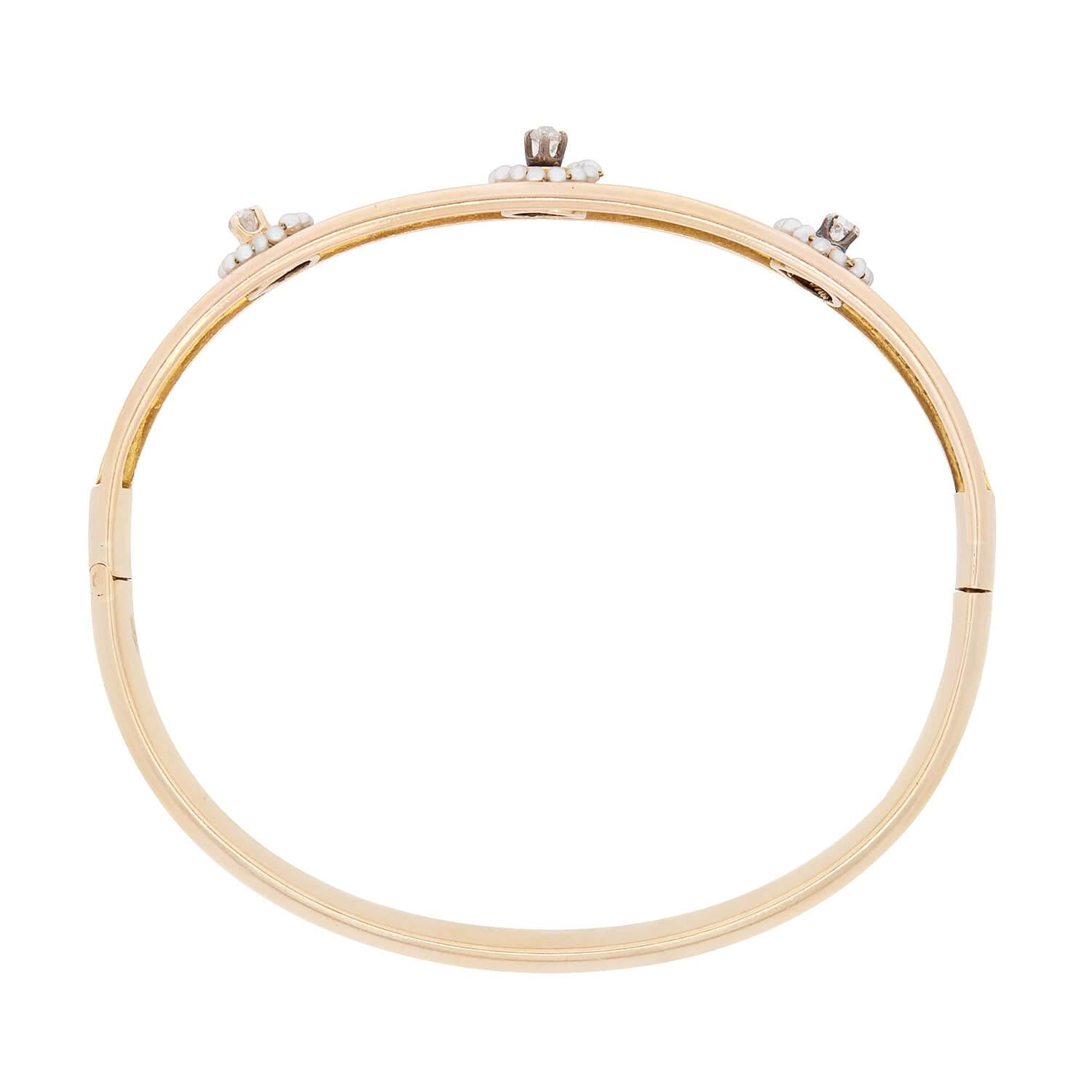 Exquisite Victorian 15K Gold Diamond, Pearl & Enamel Bangle Bracelet - Vintage Jewelry for Weddings, Parties & Special Occasions
