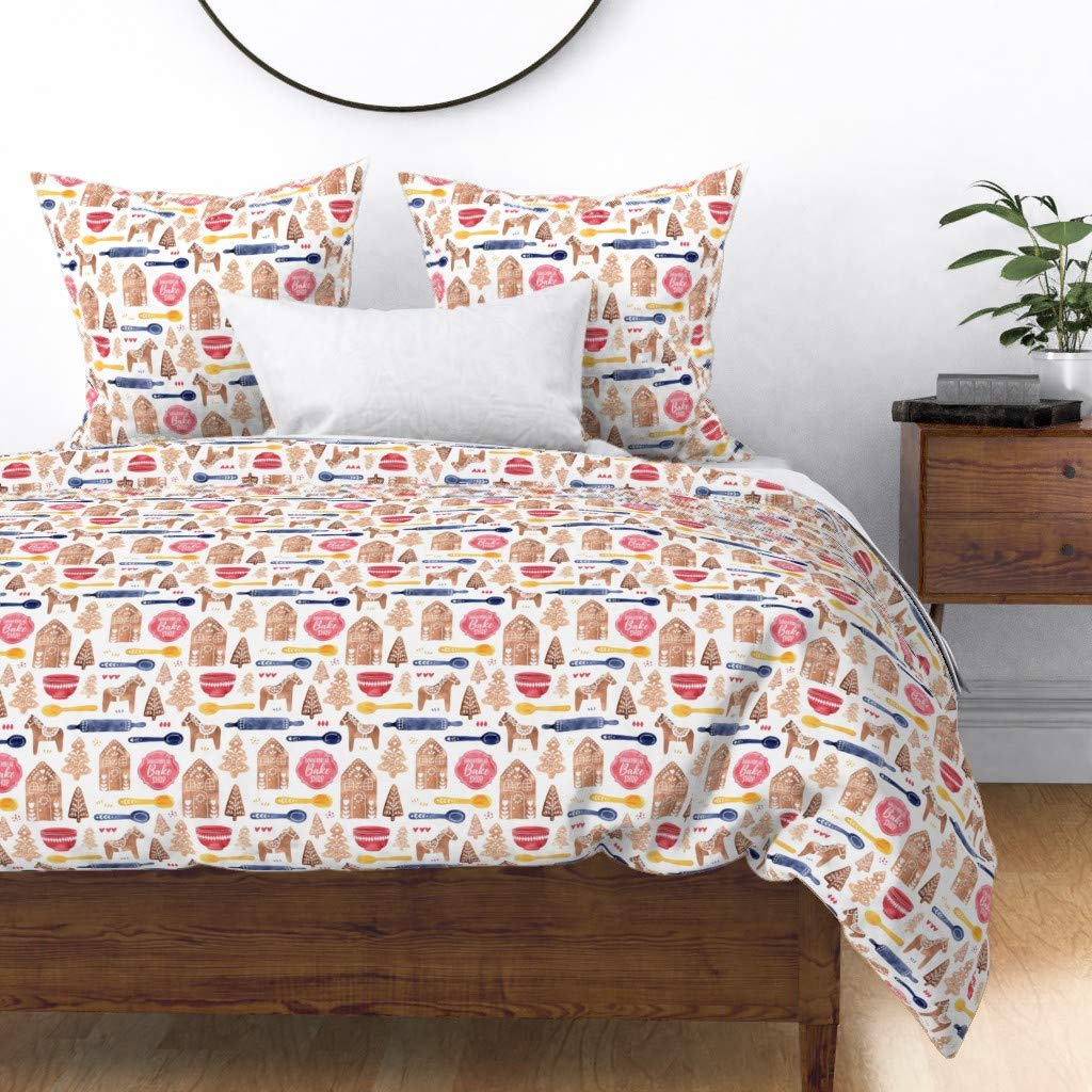 Custom Gingerbread Christmas Duvet Cover Twin - Festive Holiday Baking Decor in Red Blue Watercolor Folk Print | Perfect for Xmas Bedroom Decor & Seasonal Home Styling