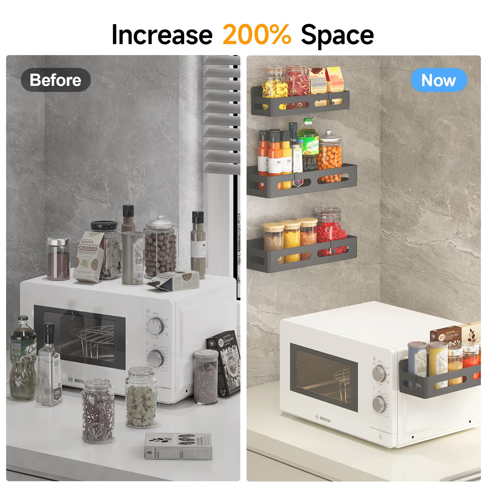 4 Pack Magnetic Spice Rack for Refrigerator - Space Saving Spice Organizer with 4 Hooks - Strong Magnetic Shelf for Kitchen, Pantry & Oven Storage - Perfect for Organizing Spices, Condiments & Utensils (Black)