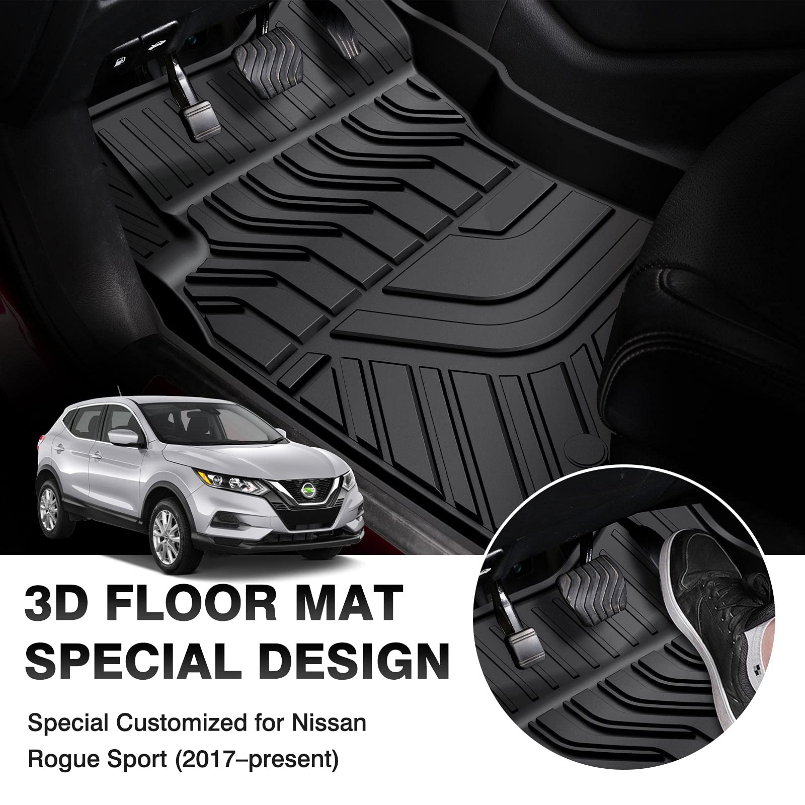 Custom Fit TPE All-Weather Floor Mats for 2017-2023 Nissan Rogue Sport (Excludes Nissan Rogue) - Non-Slip Black 2-Row Floor Liners Set | Perfect for Winter Snow, Mud & Wet Weather Protection