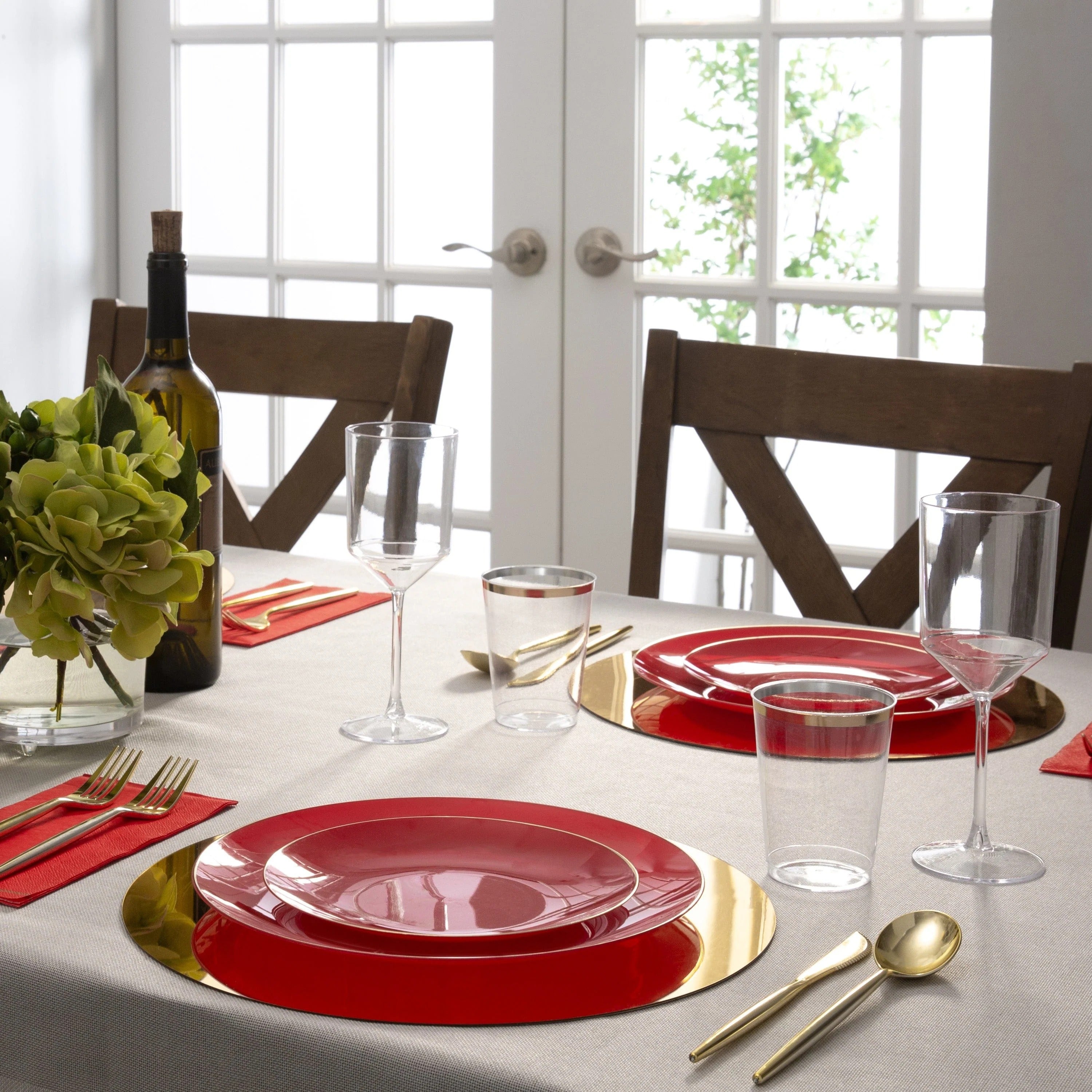 Eco-Friendly Red & Gold Rim Round Plastic Plates - 12-Pack Disposable Dinner Plates for Parties, Picnics & Events - BPA-Free & Organic Tableware