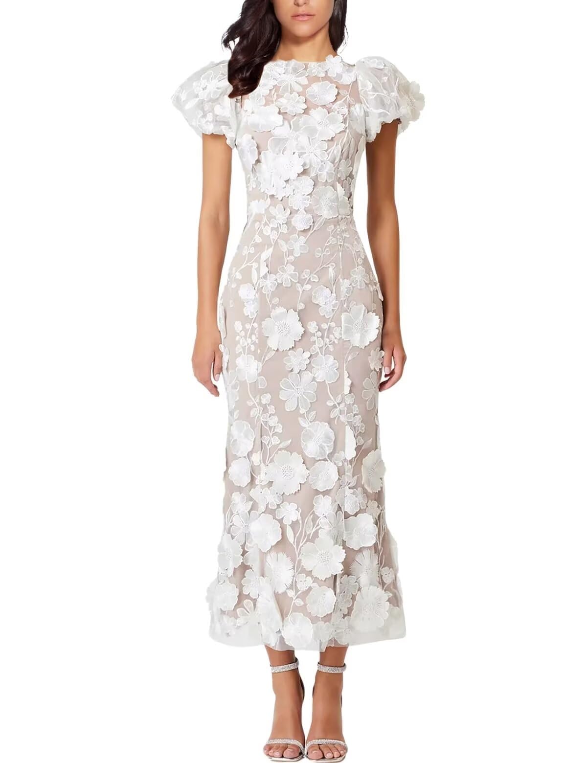 3D Floral Embroidery Long Dress with Ruffle Sleeves - Elegant Lace Bodycon Cocktail Dress for Women | Perfect for Evening Parties, Weddings & Special Occasions