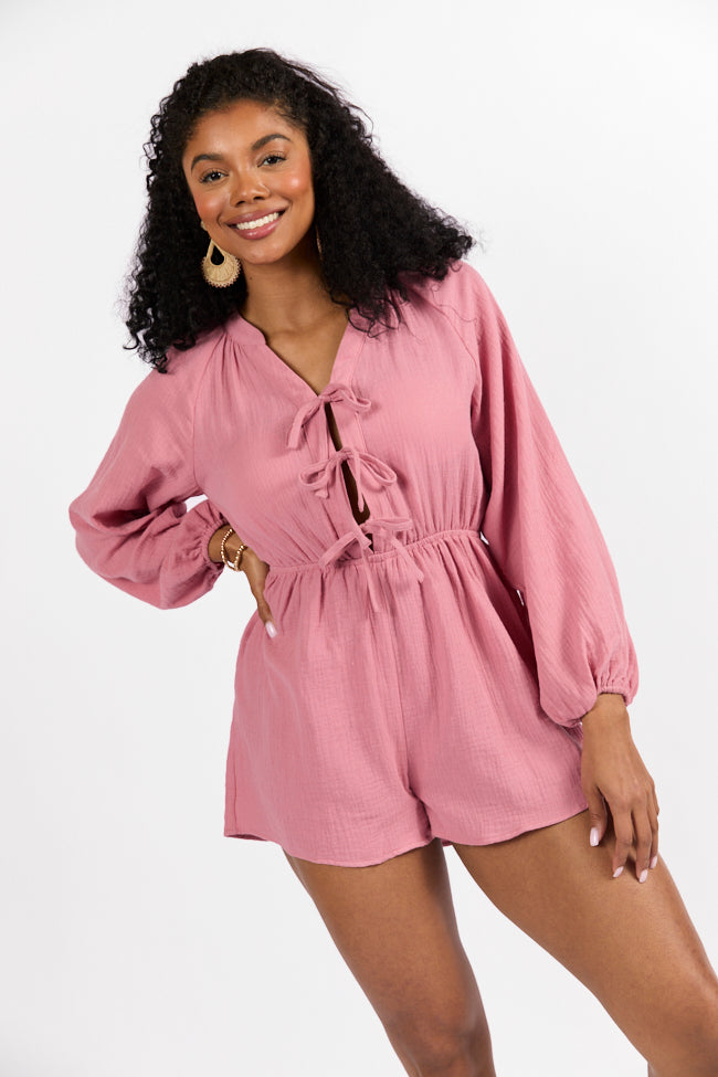 Endless Sunshine Pink Tie Front Long Sleeve Romper - Women's Summer Jumpsuit with Adjustable Waist | Perfect for Beach Vacations, Music Festivals & Date Nights