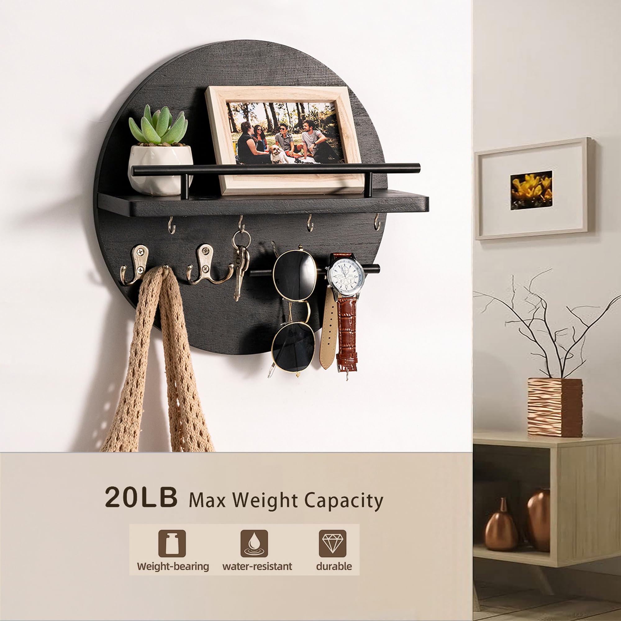 Stylish Circular Wall Key Holder with Shelf & Hooks - Rustic Boho Mail Organizer for Entryway - Black Home Decor for Organizing Keys, Letters & Small Items | Perfect for Hallway, Foyer & Apartment Organization