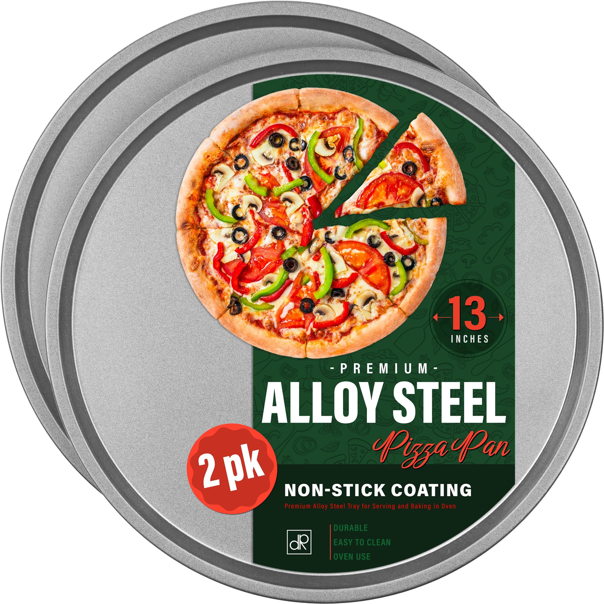 DecorRack 13 Inch Non-Stick Alloy Steel Pizza Pan - Round Baking Tray & Serving Tray for Oven, Stovetop & Grill (2 Pack) - Perfect for Homemade Pizza, Cookies & Party Appetizers