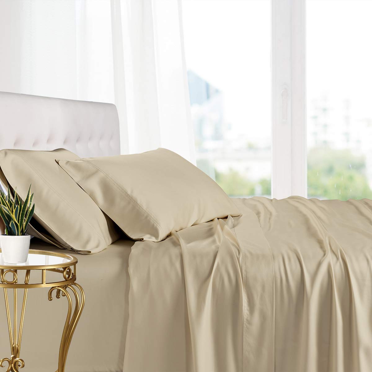 Royal Hotel Bedding 100% Natural Bamboo Viscose Sheet Set - Soft, Cooling & Breathable 4-Piece Split King Size Sheets with Pillowcases (Beige) - Perfect for Luxury Hotels, Vacation Homes & Upscale Bedrooms