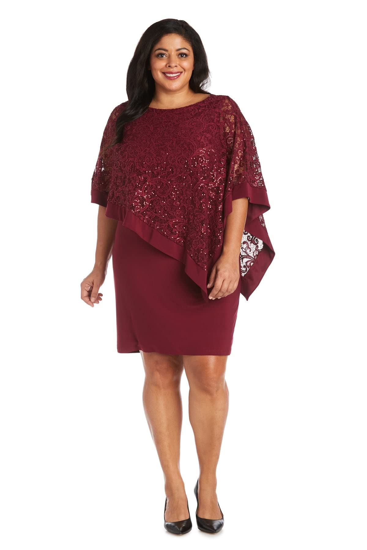 RM Richards Women's Plus Size Sequin Lace Poncho Party Dress - Elegant Cocktail Dresses for Women Size 18 Plus in Merlot Red | Perfect for Evening Parties, Weddings & Special Occasions