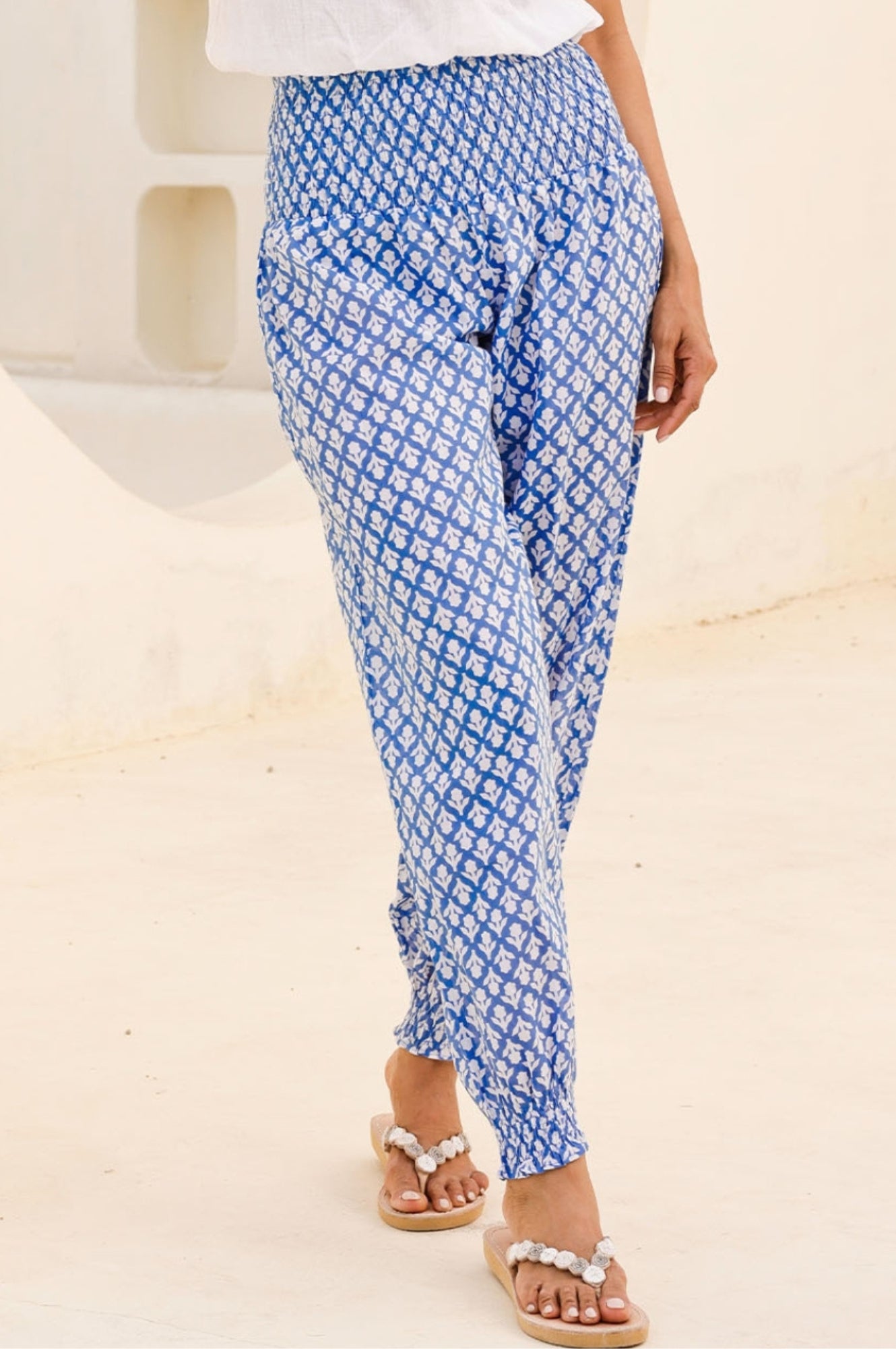 Organic Cotton Harem Pants with Floral Print - Cornflower & White | Boho Chic Lounge Wear for Yoga, Travel & Casual Outfits