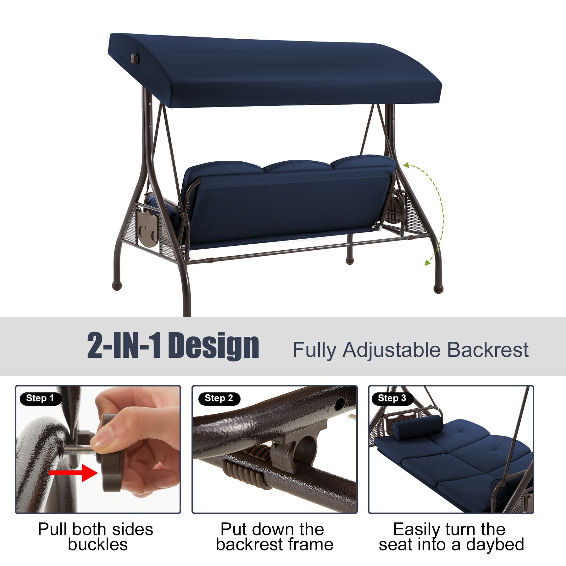 EROMMY 3-Seat Outdoor Patio Swing with Adjustable Canopy - Weather-Resistant Blue Hanging Chair for Garden, Backyard, Porch & Deck Relaxation